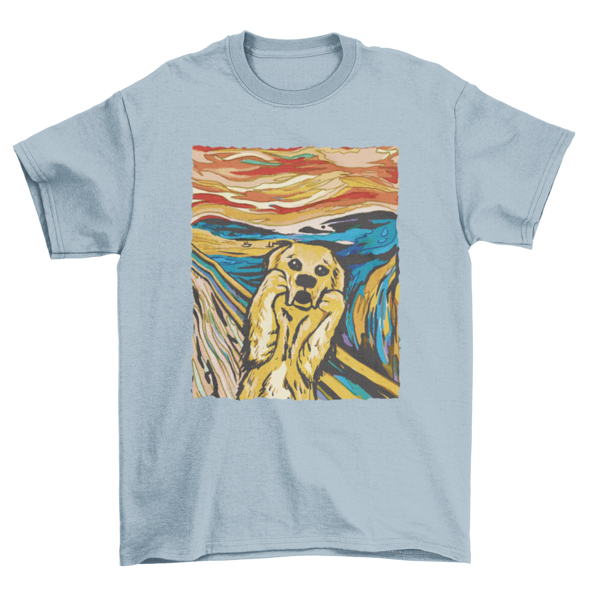 A stylish t-shirt featuring a golden retriever dog in the style of The Scream painting by Edvard Munch.