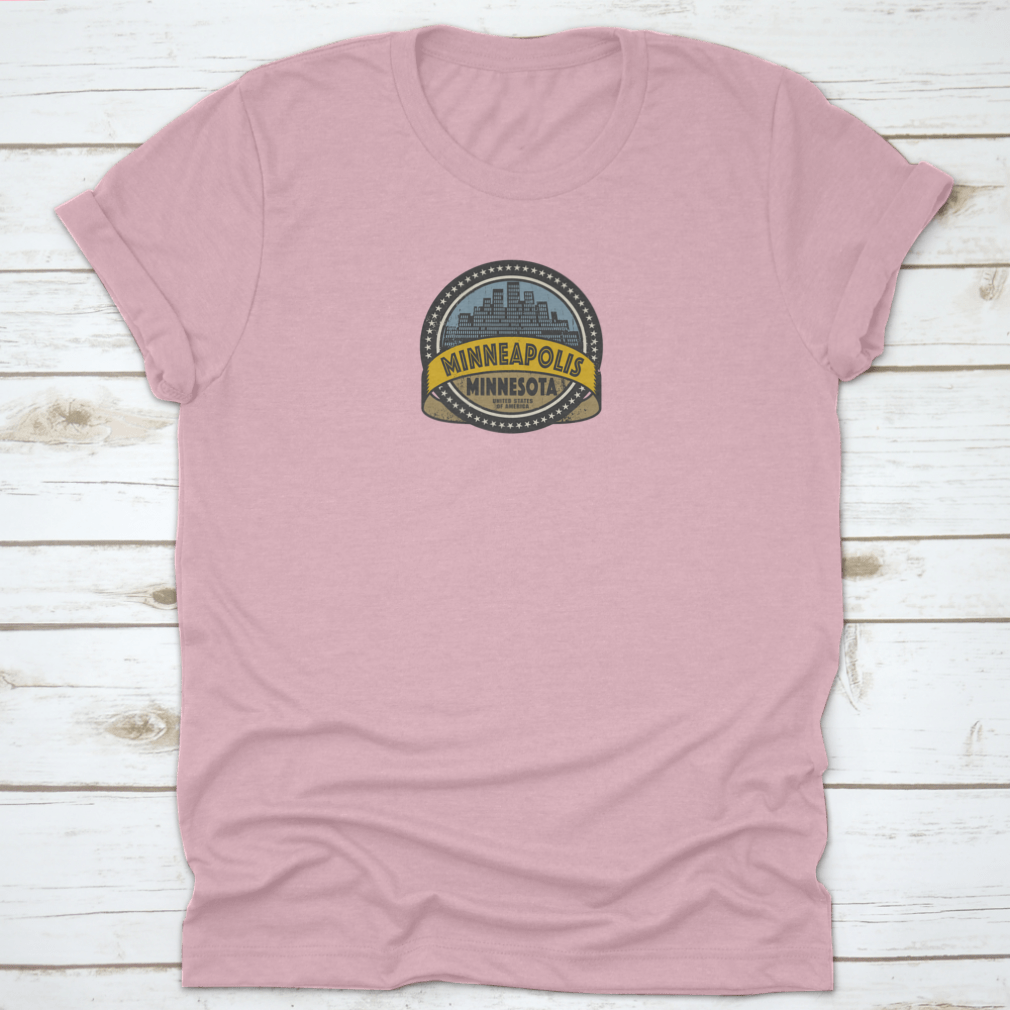 A stylish cotton t-shirt featuring the Stamp of Minneapolis and the state name vector design, showcasing its classic fit and quality fabric.