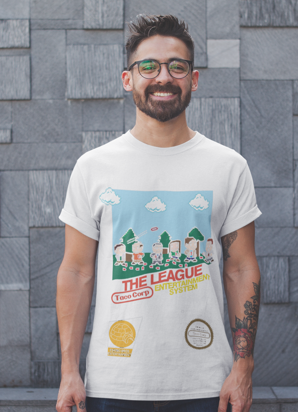 League NES Game T-shirt made from soft ringspun cotton, featuring a vibrant gaming design.