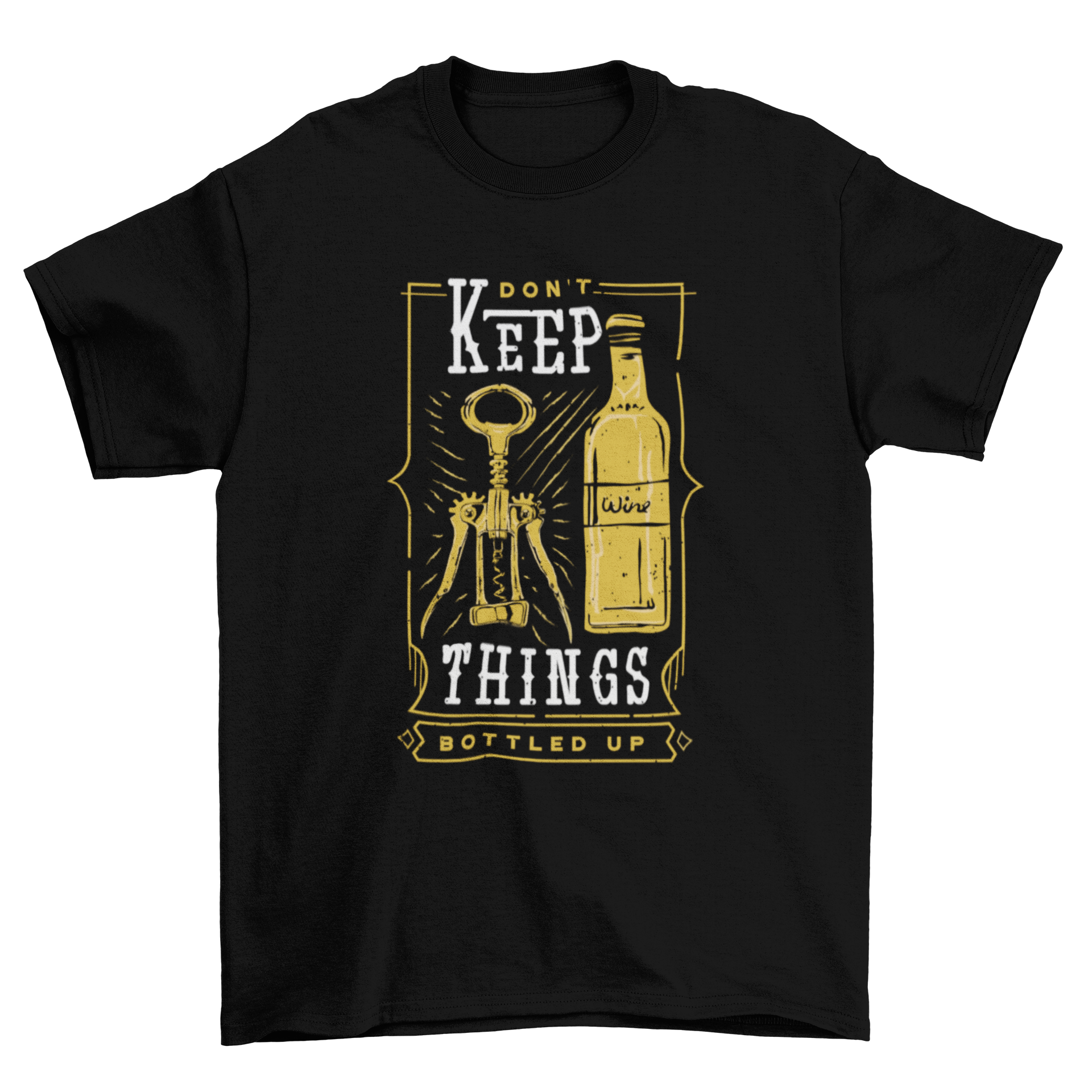 Things Bottled Up t-shirt featuring a vintage bottle and opener design with the quote 'Don't keep things bottled up'.