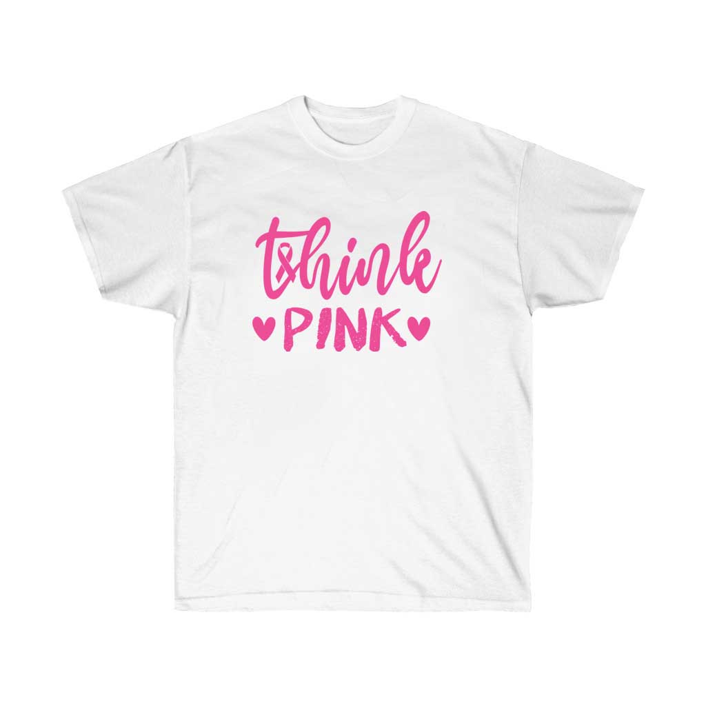 Think Pink Breast Cancer Awareness T-Shirt made from soft cotton, featuring a pink ribbon design, perfect for showing support.