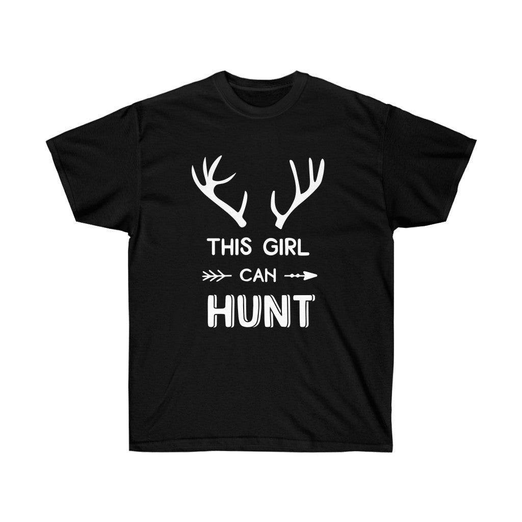 This Girl Can Hunt Easter Black T-Shirt featuring a playful design, made from soft cotton, perfect for casual Easter celebrations.