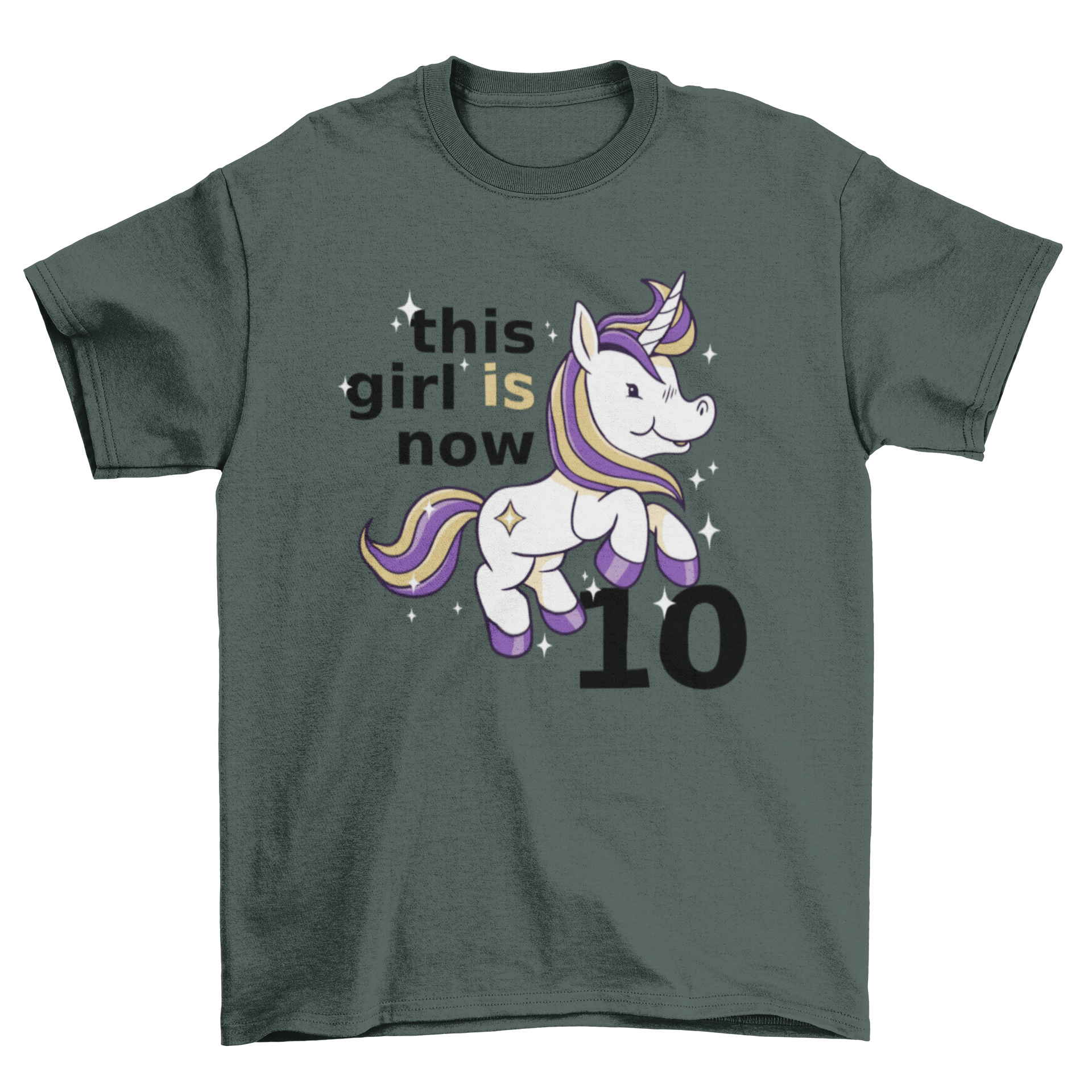 A colorful t-shirt featuring a cute unicorn and the text 'This girl is now 10', perfect for birthday celebrations.