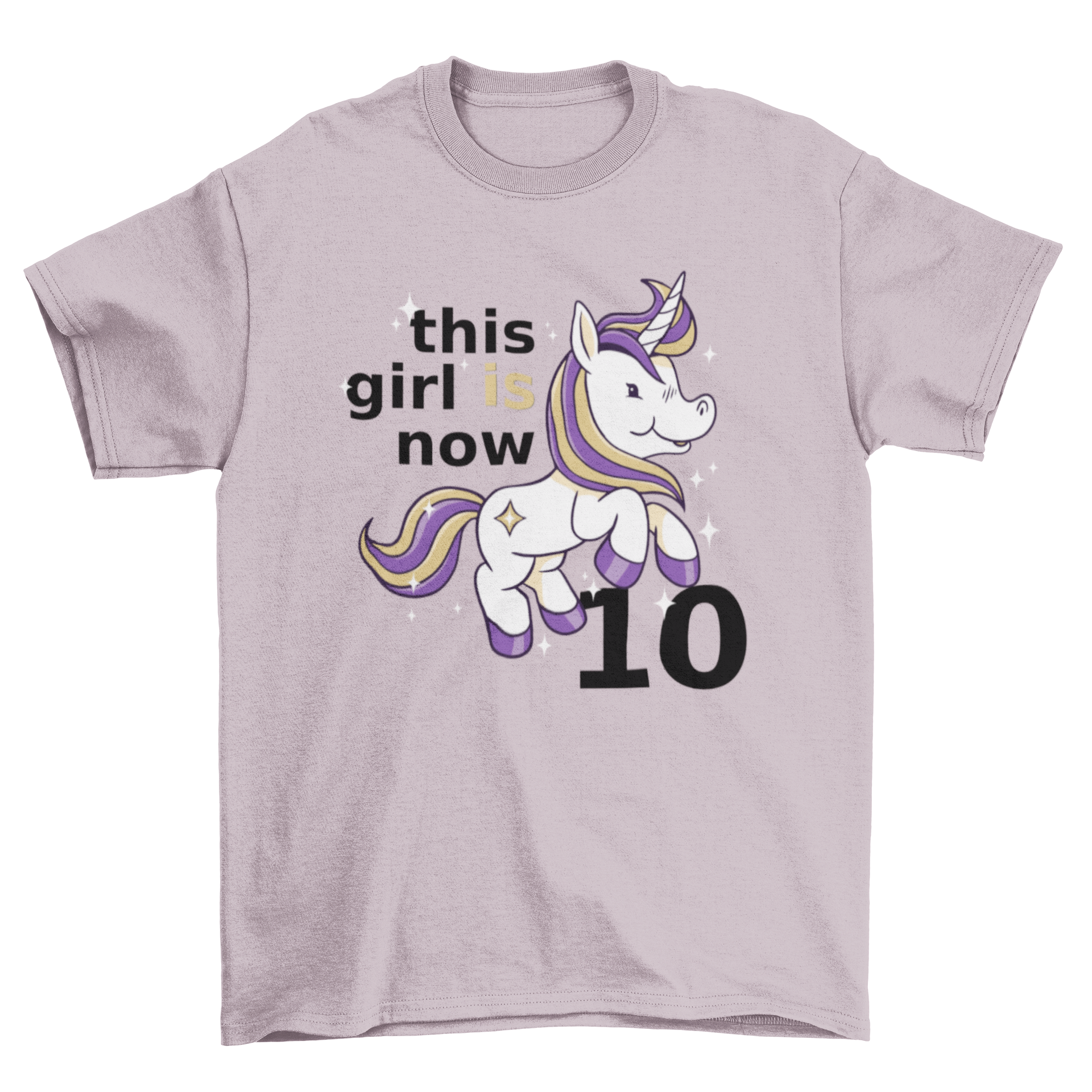A colorful t-shirt featuring a cute unicorn and the text 'This girl is now 10', perfect for birthday celebrations.