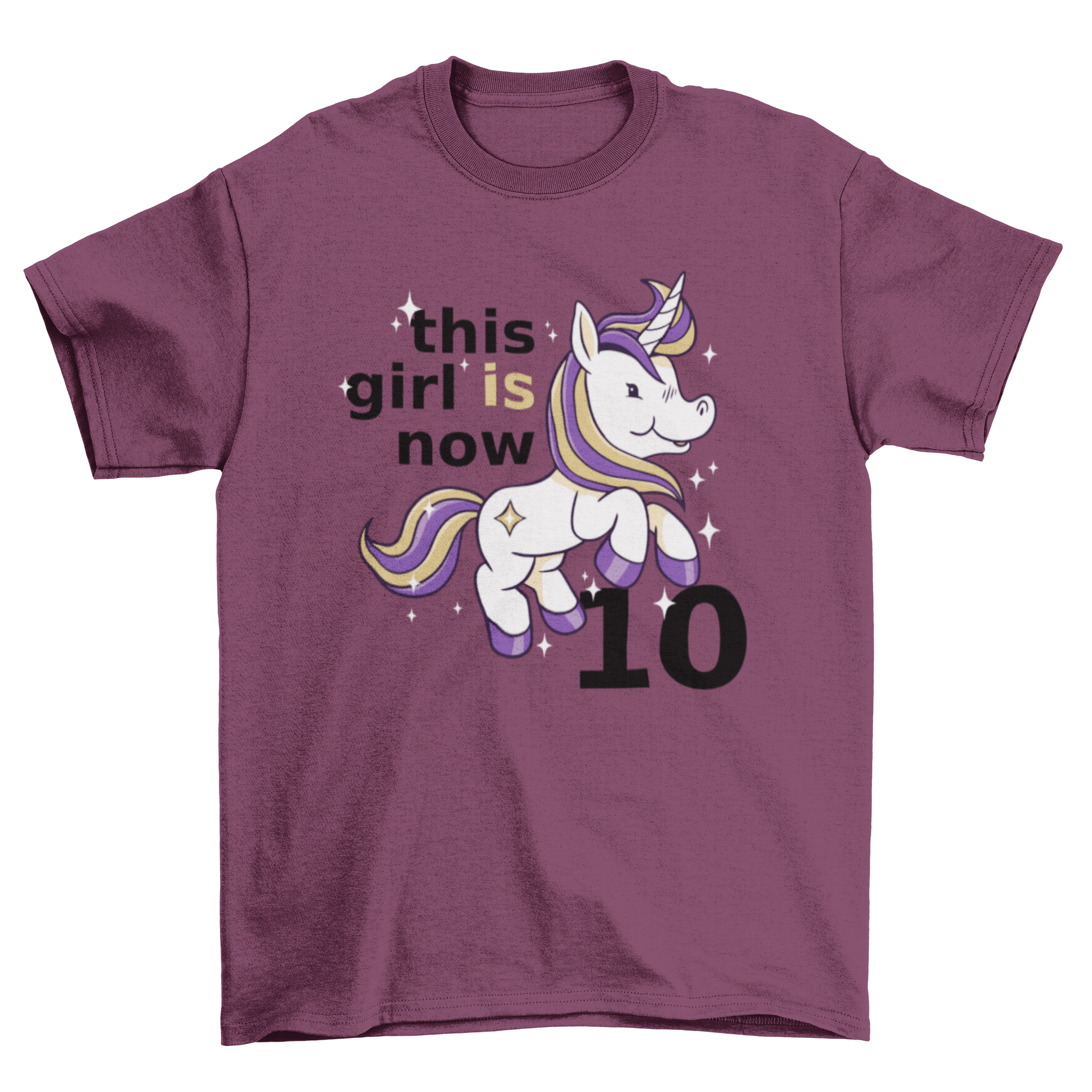 A colorful t-shirt featuring a cute unicorn and the text 'This girl is now 10', perfect for birthday celebrations.