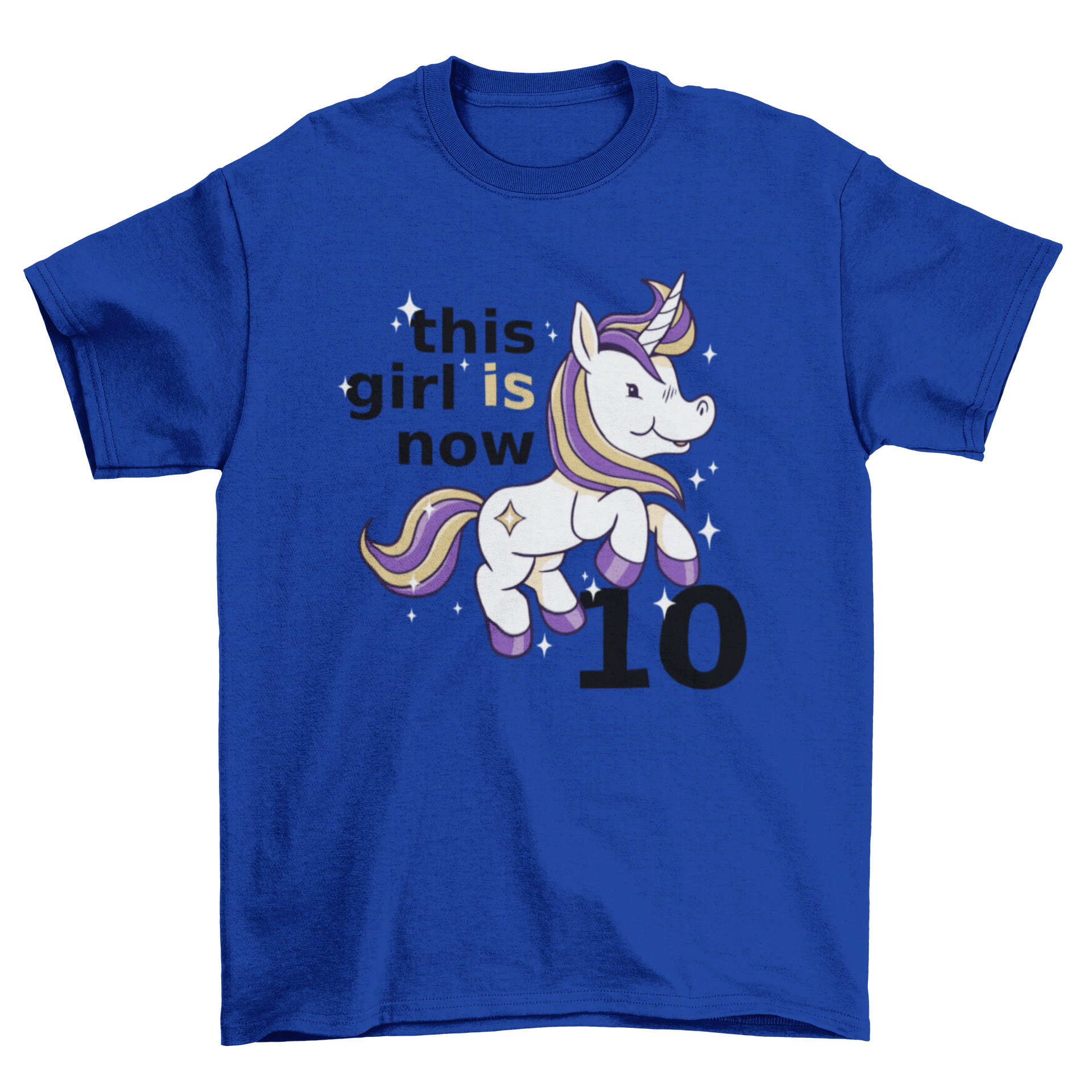 A colorful t-shirt featuring a cute unicorn and the text 'This girl is now 10', perfect for birthday celebrations.