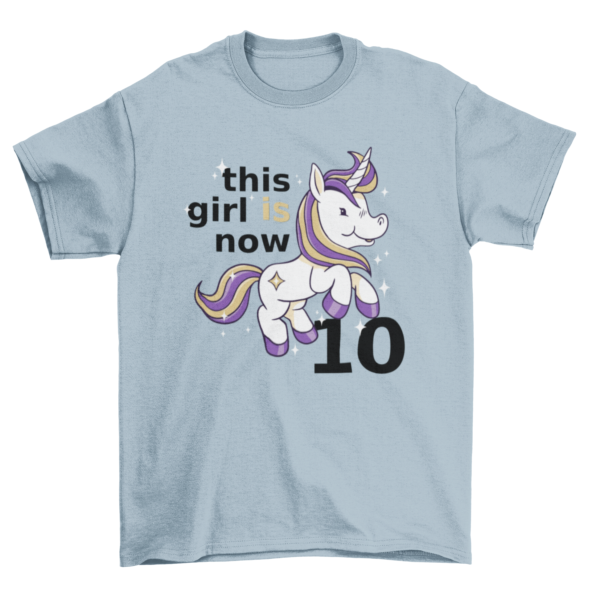 A colorful t-shirt featuring a cute unicorn and the text 'This girl is now 10', perfect for birthday celebrations.