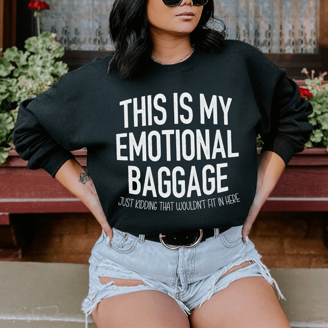 A cozy pair of 'This Is My Emotional Baggage' sweats featuring unique artistic designs, made from a soft cotton/poly fleece blend.