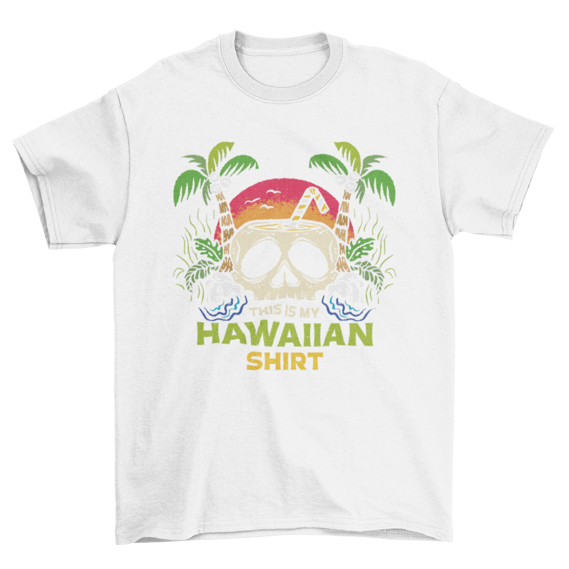 A vibrant Hawaiian t-shirt featuring a skull-shaped glass surrounded by palm trees and the quote 'This is my Hawaiian shirt'.