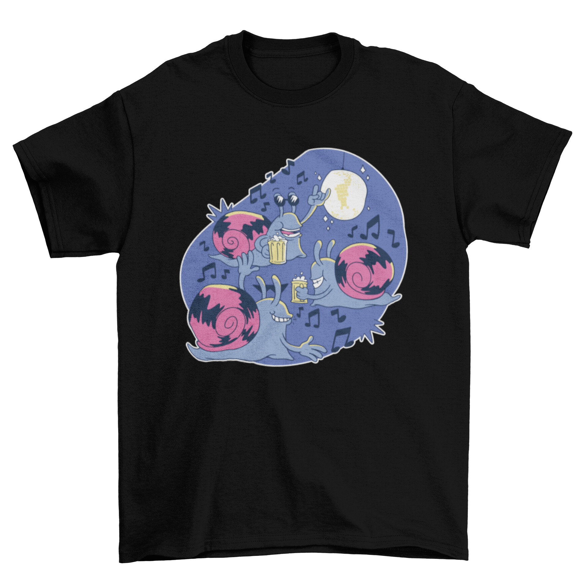 A playful t-shirt featuring three happy snails celebrating a party, showcasing vibrant colors and a fun design.