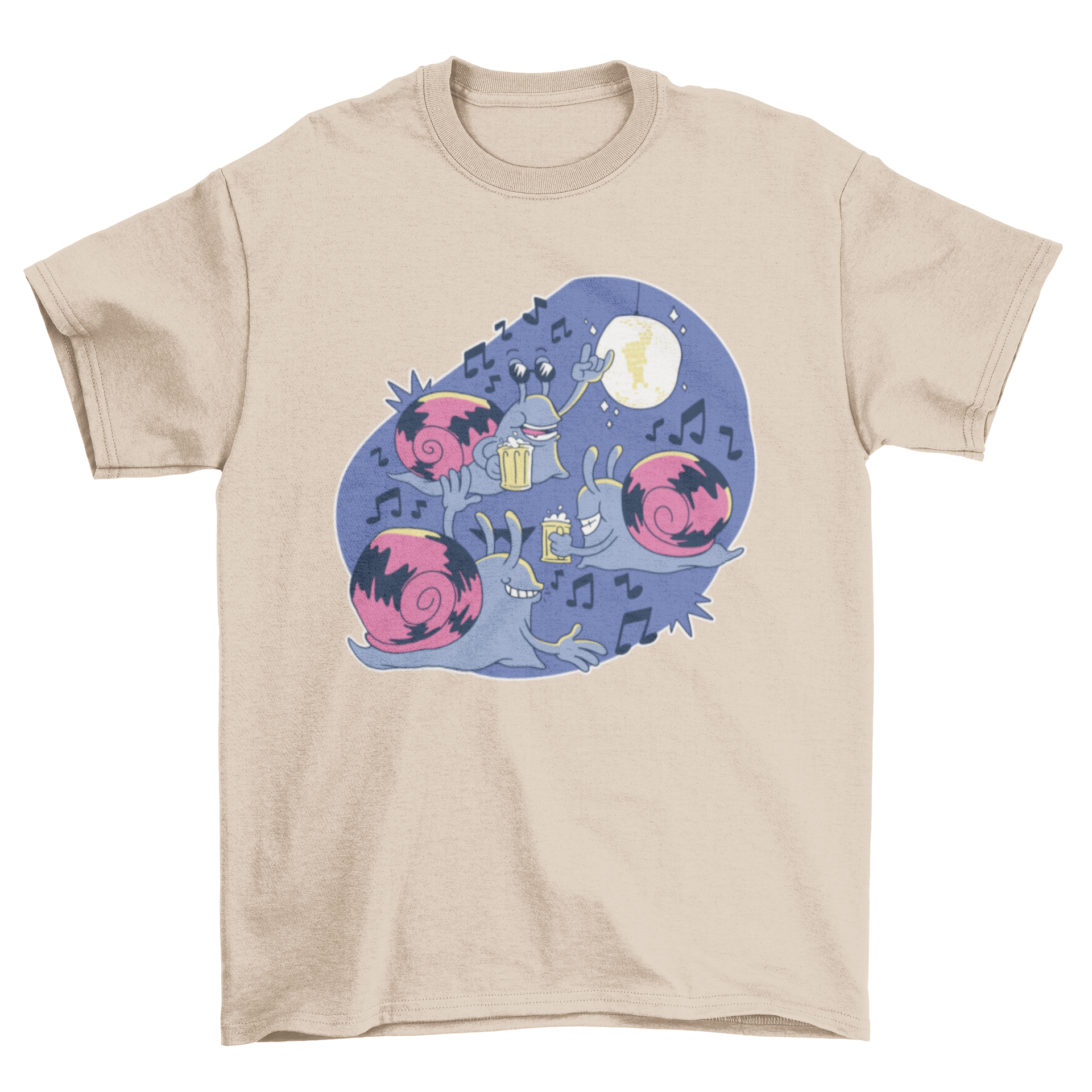 A playful t-shirt featuring three happy snails celebrating a party, showcasing vibrant colors and a fun design.