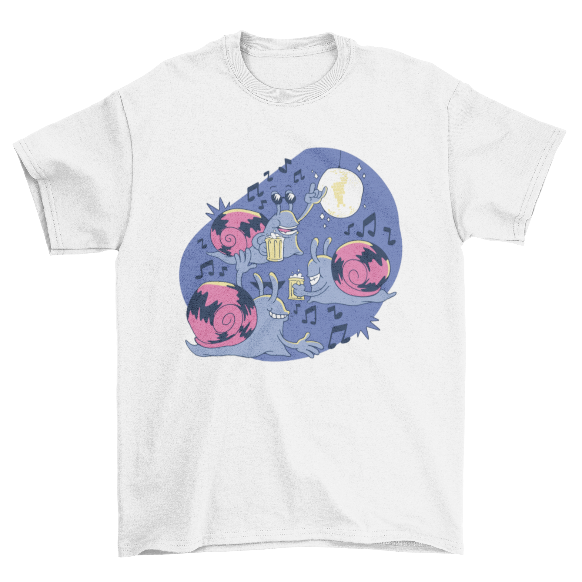A playful t-shirt featuring three happy snails celebrating a party, showcasing vibrant colors and a fun design.