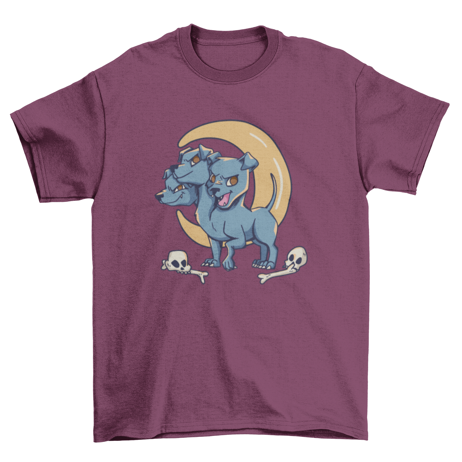Three-headed dog creature Cerberus t-shirt design featuring bones and skulls.