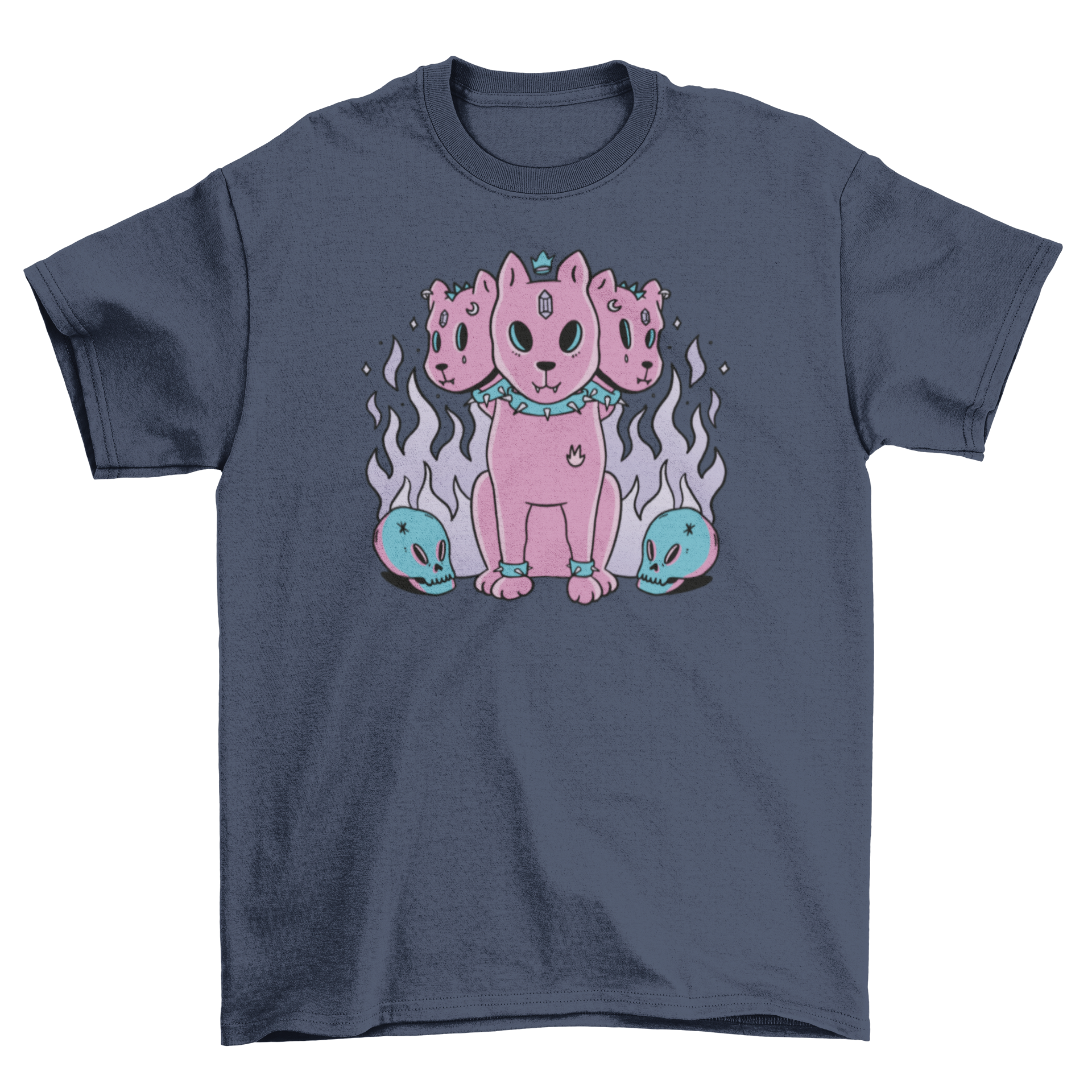 Pastel goth t-shirt featuring a three-headed dog design with purple flames, showcasing a unique and edgy style.