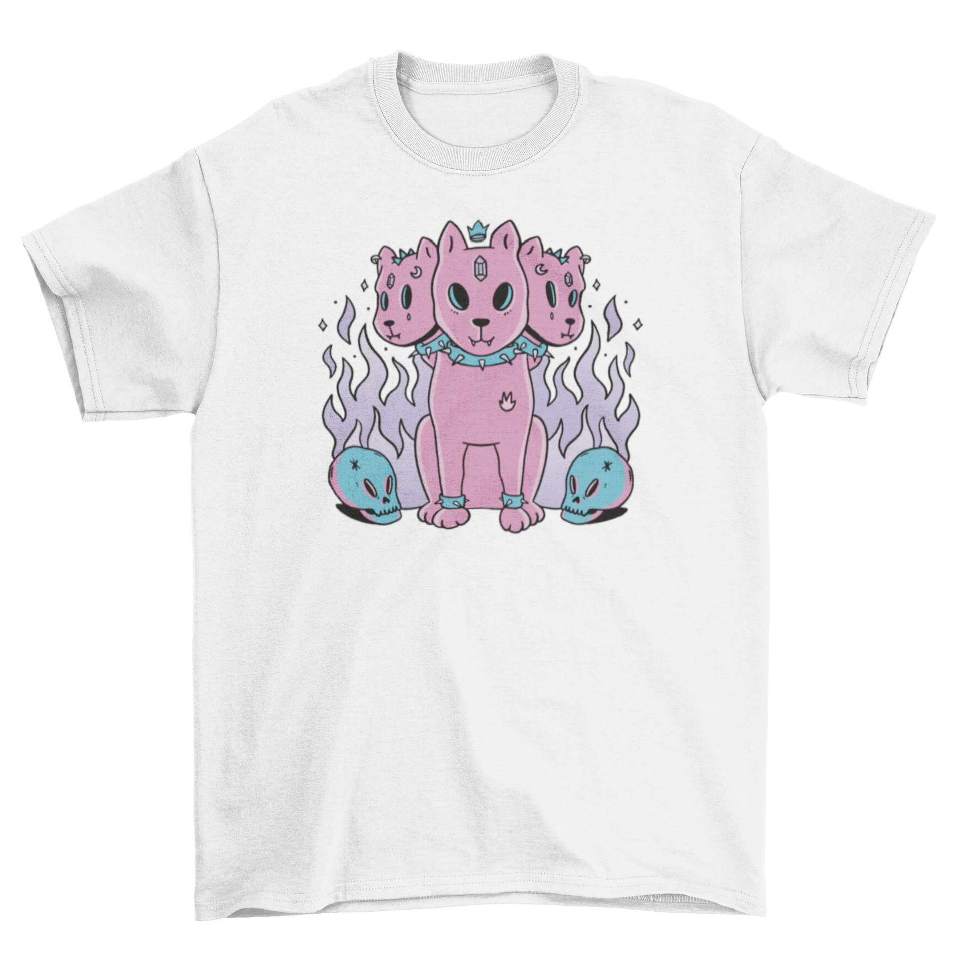 Pastel goth t-shirt featuring a three-headed dog design with purple flames, showcasing a unique and edgy style.
