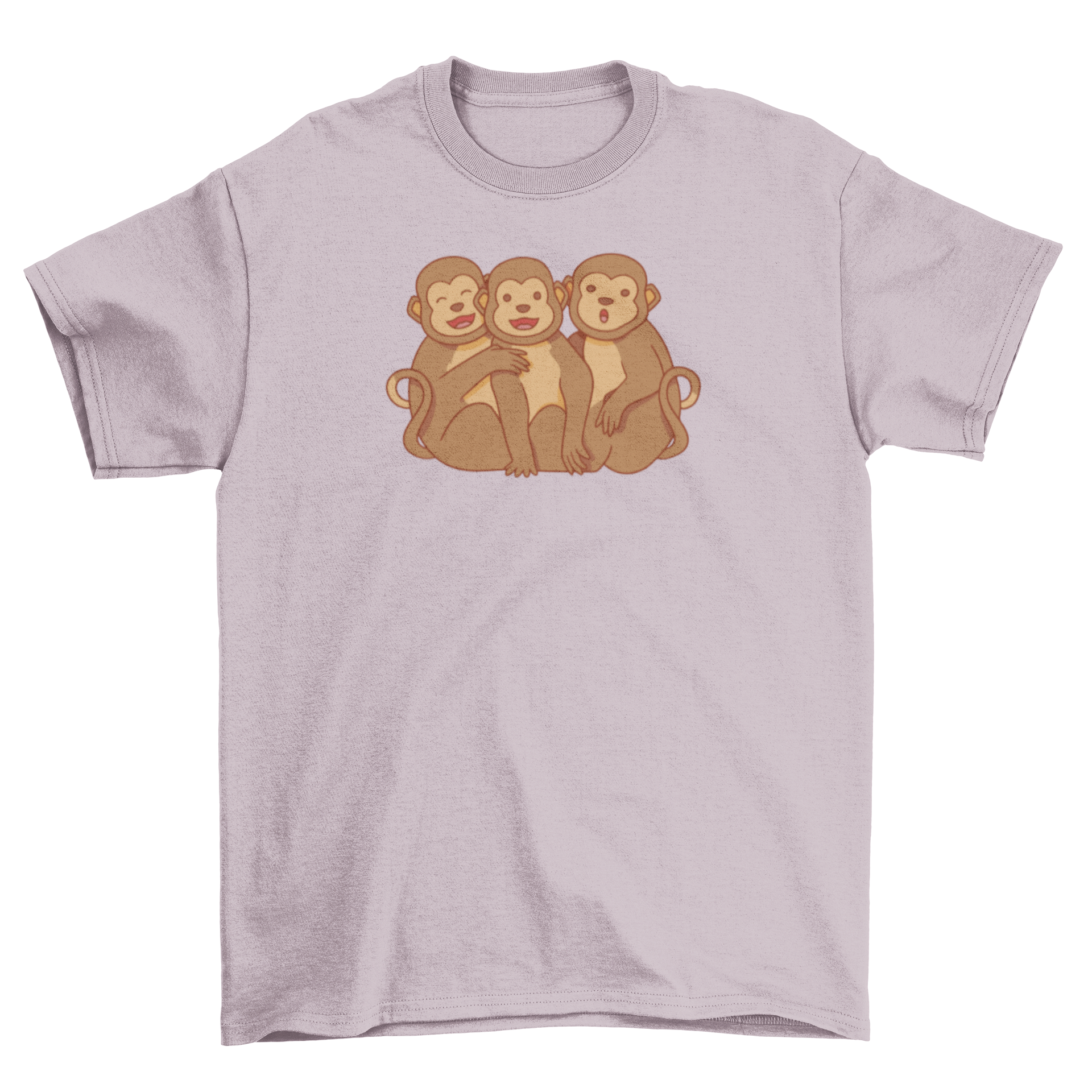 A playful t-shirt featuring three cute monkeys hugging each other, showcasing a vibrant and colorful design.