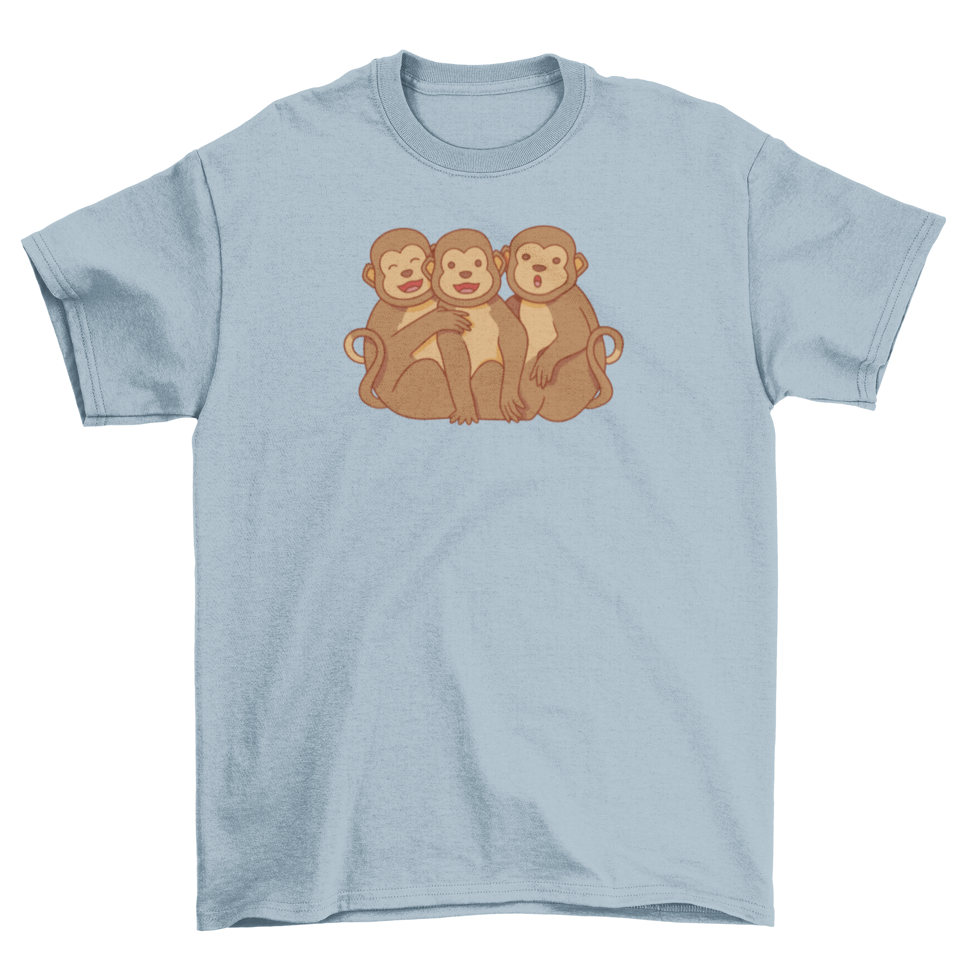 A playful t-shirt featuring three cute monkeys hugging each other, showcasing a vibrant and colorful design.