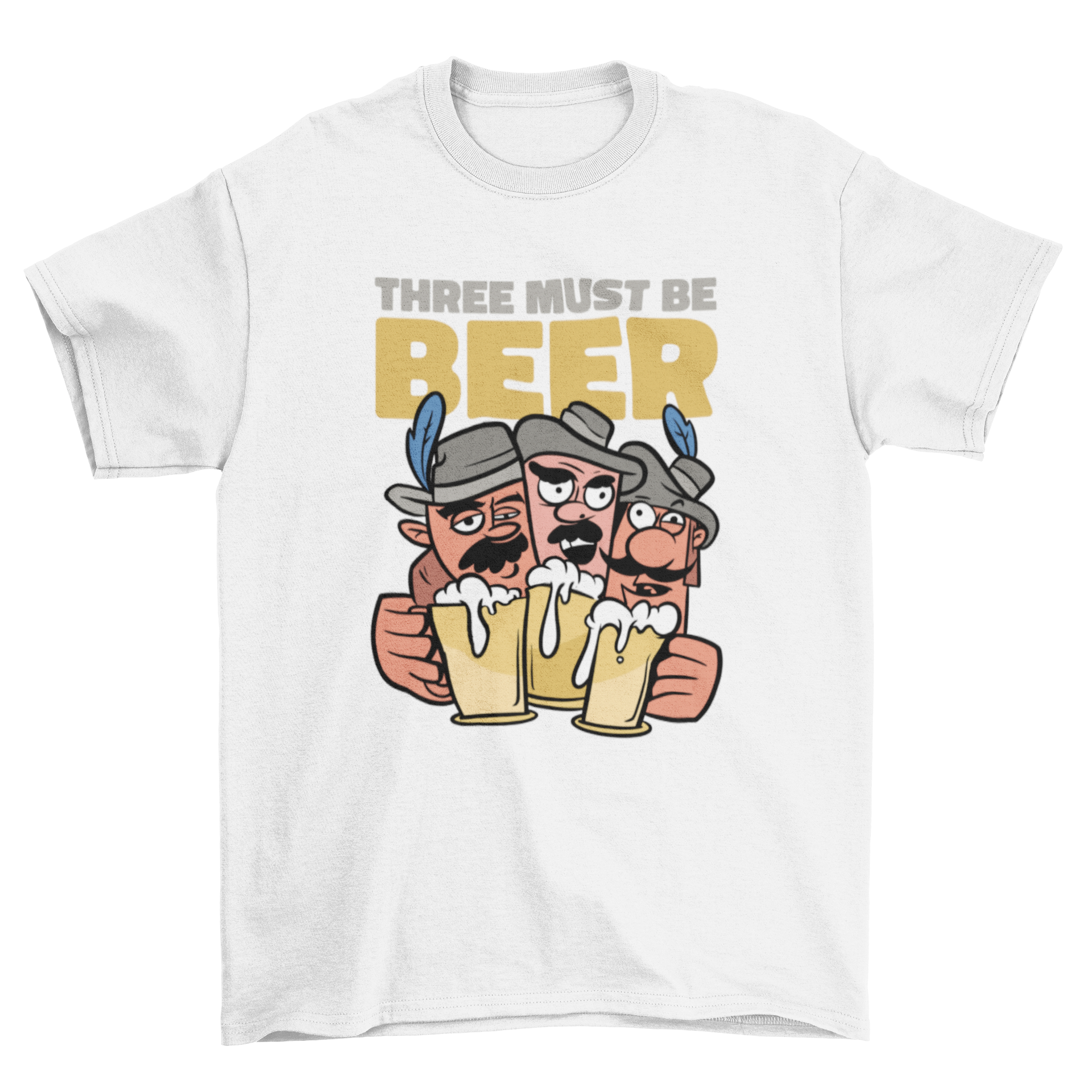 Funny Three Musketeers beer t-shirt with cartoon design and pun quote.