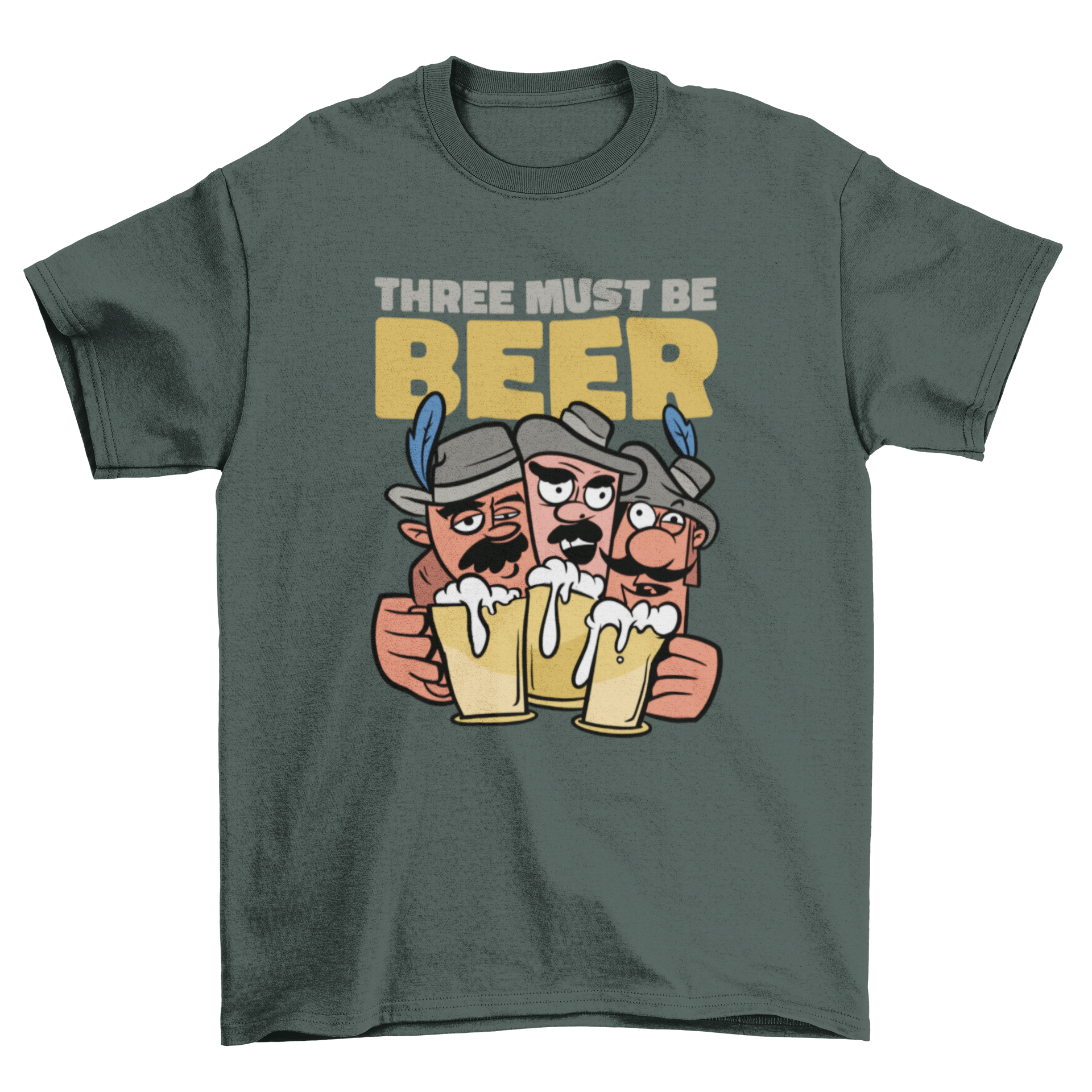 Funny Three Musketeers beer t-shirt with cartoon design and pun quote.