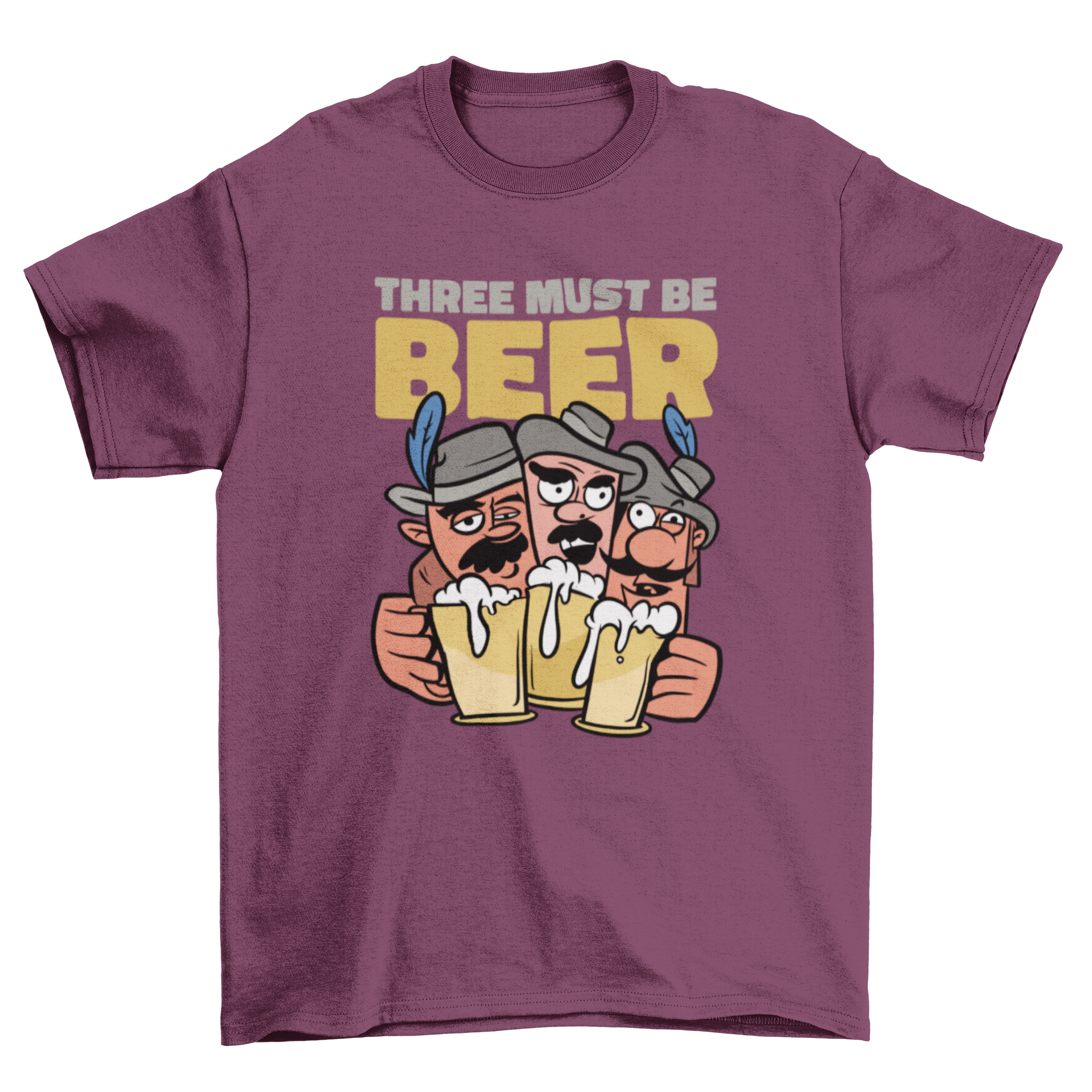Funny Three Musketeers beer t-shirt with cartoon design and pun quote.