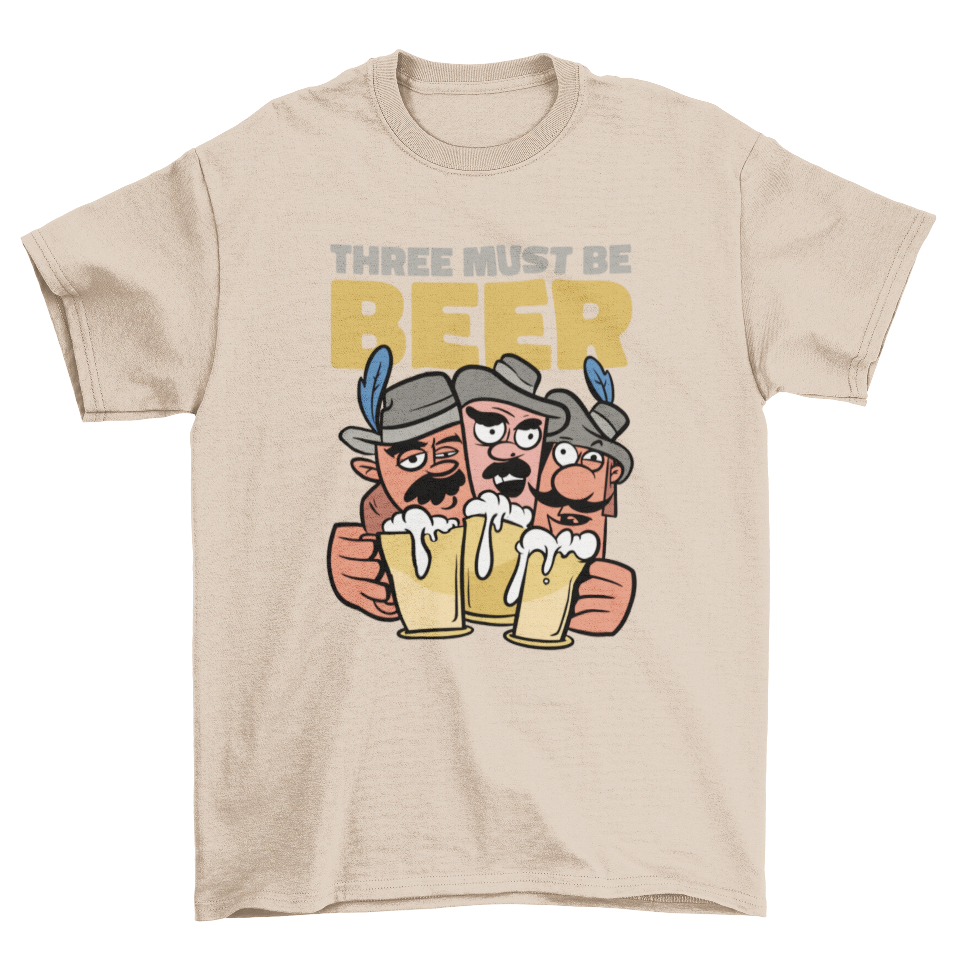 Funny Three Musketeers beer t-shirt with cartoon design and pun quote.