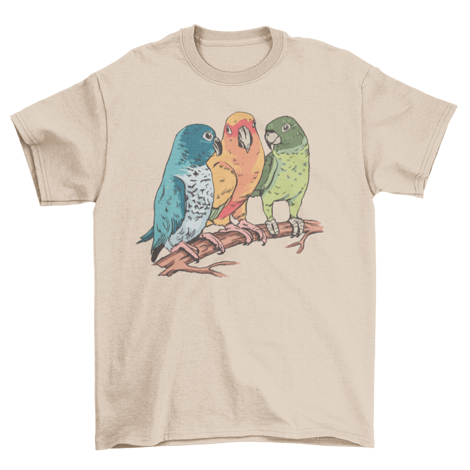 A vibrant illustration of three colorful parrots on a stylish t-shirt, showcasing their beauty and detail.