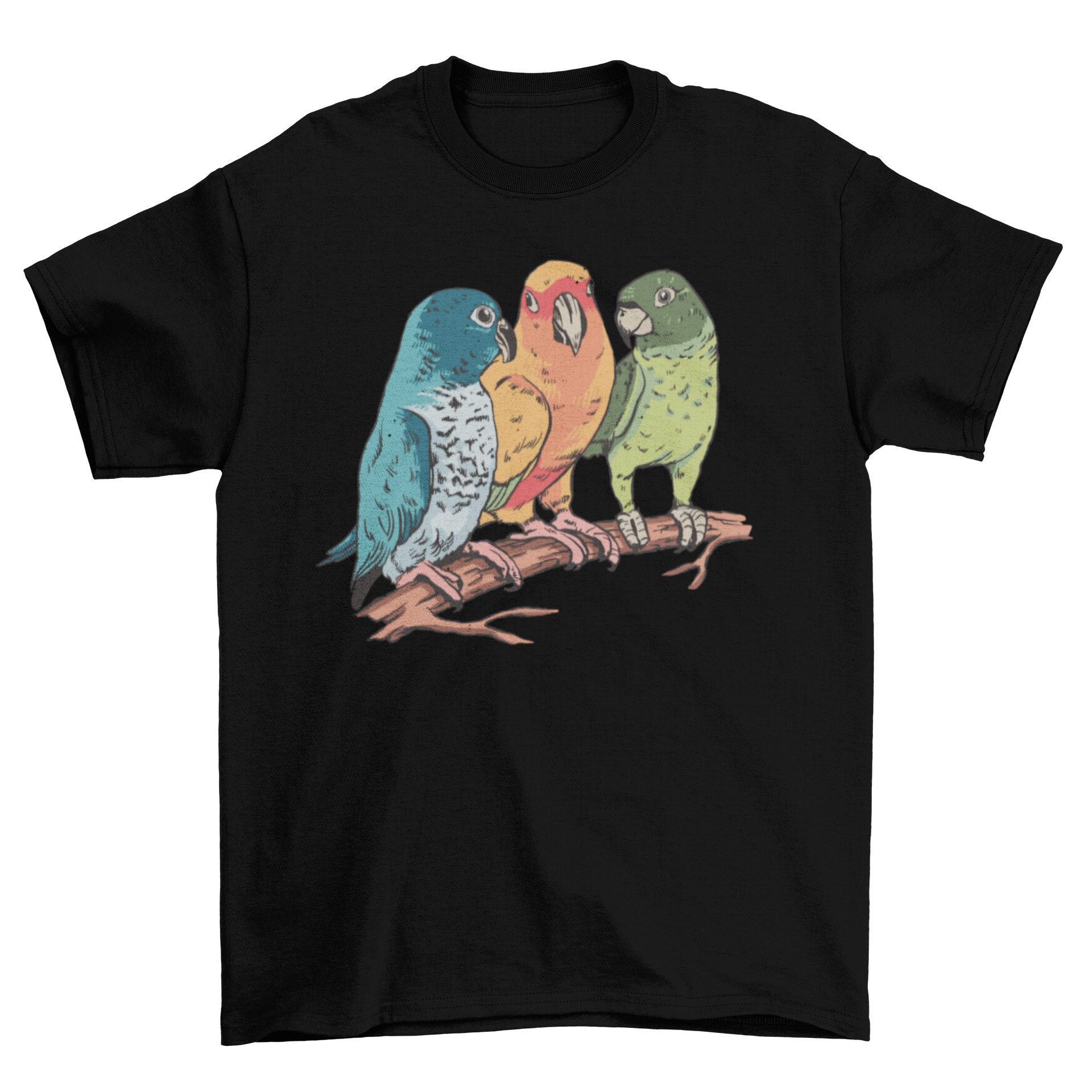 A vibrant illustration of three colorful parrots on a stylish t-shirt, showcasing their beauty and detail.