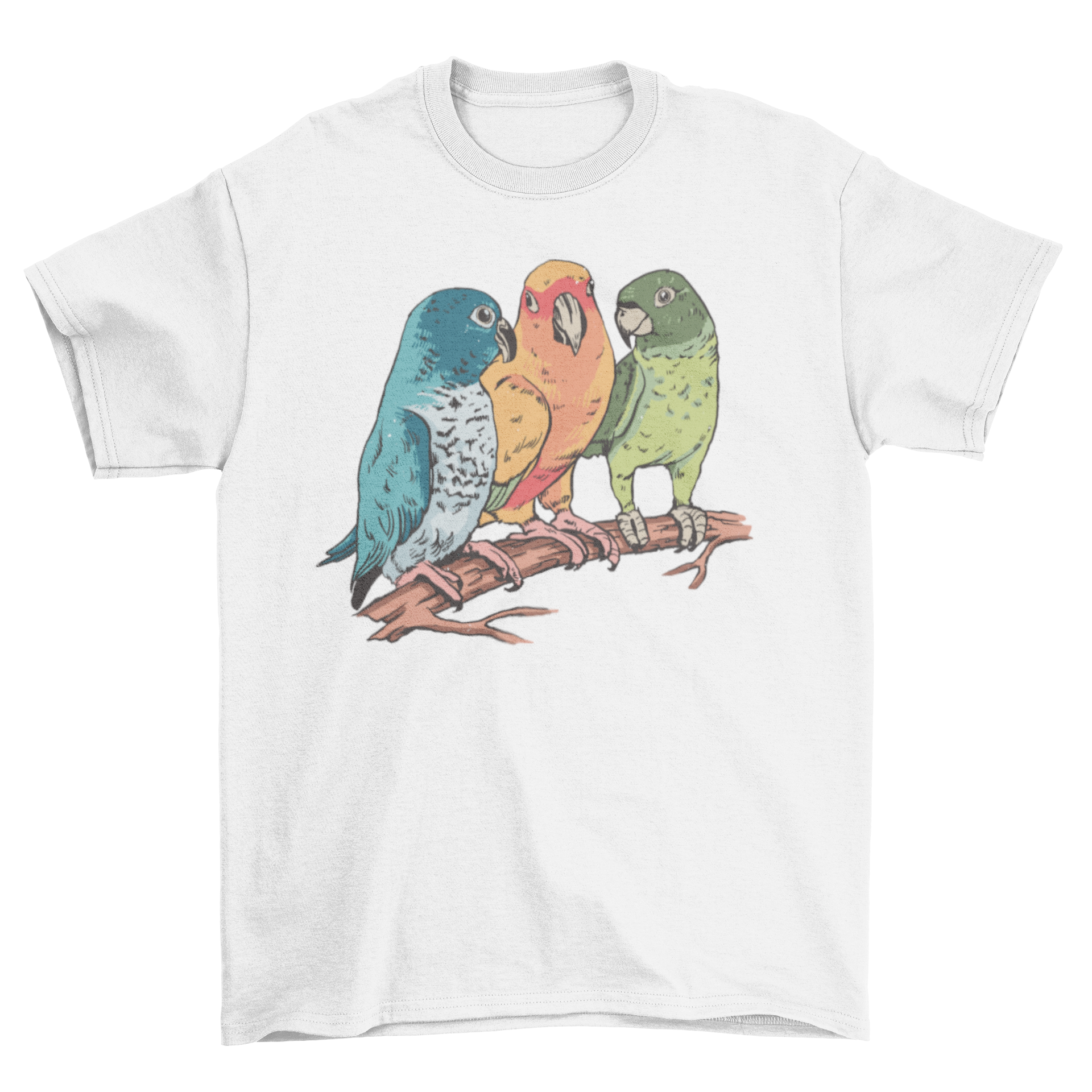 A vibrant illustration of three colorful parrots on a stylish t-shirt, showcasing their beauty and detail.