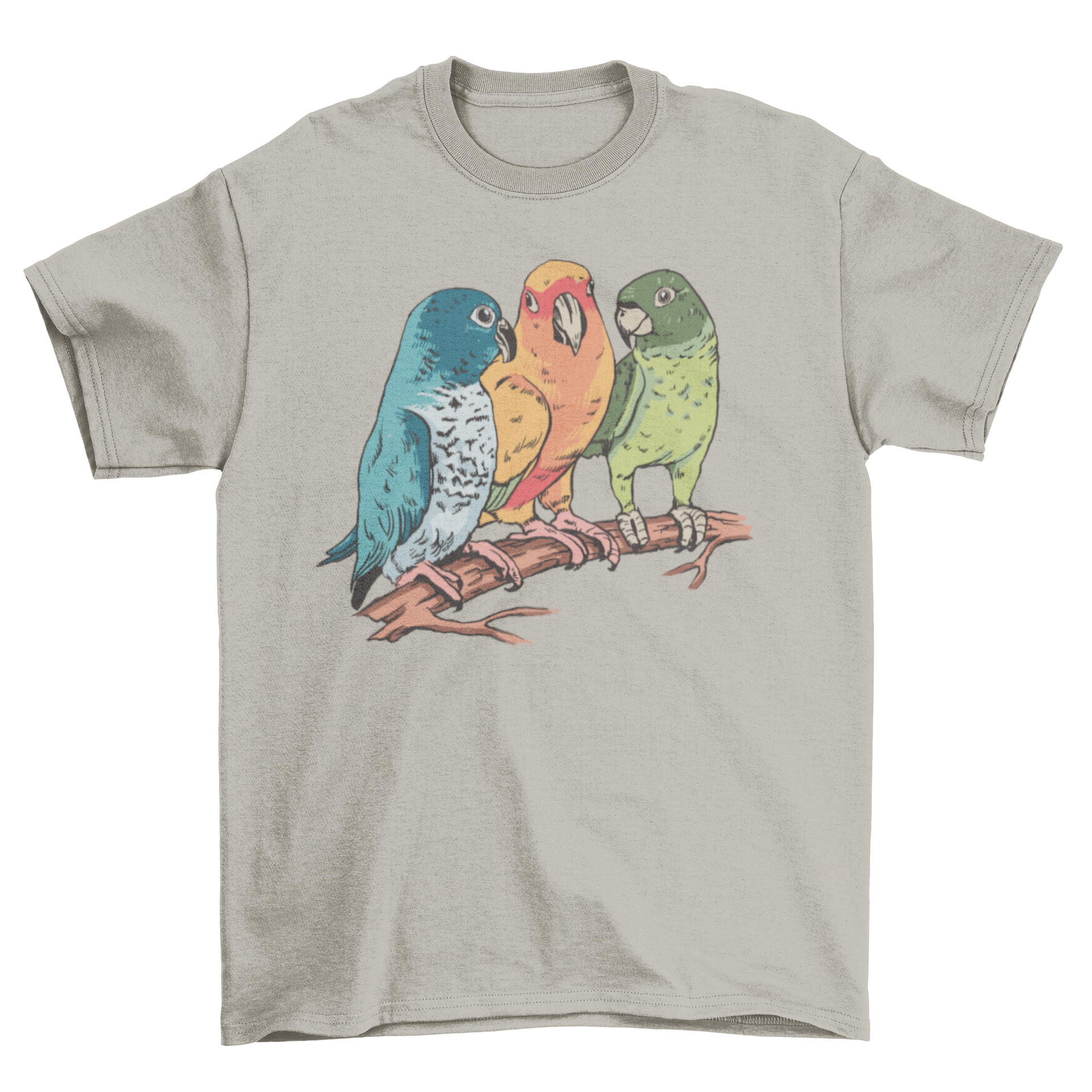 A vibrant illustration of three colorful parrots on a stylish t-shirt, showcasing their beauty and detail.