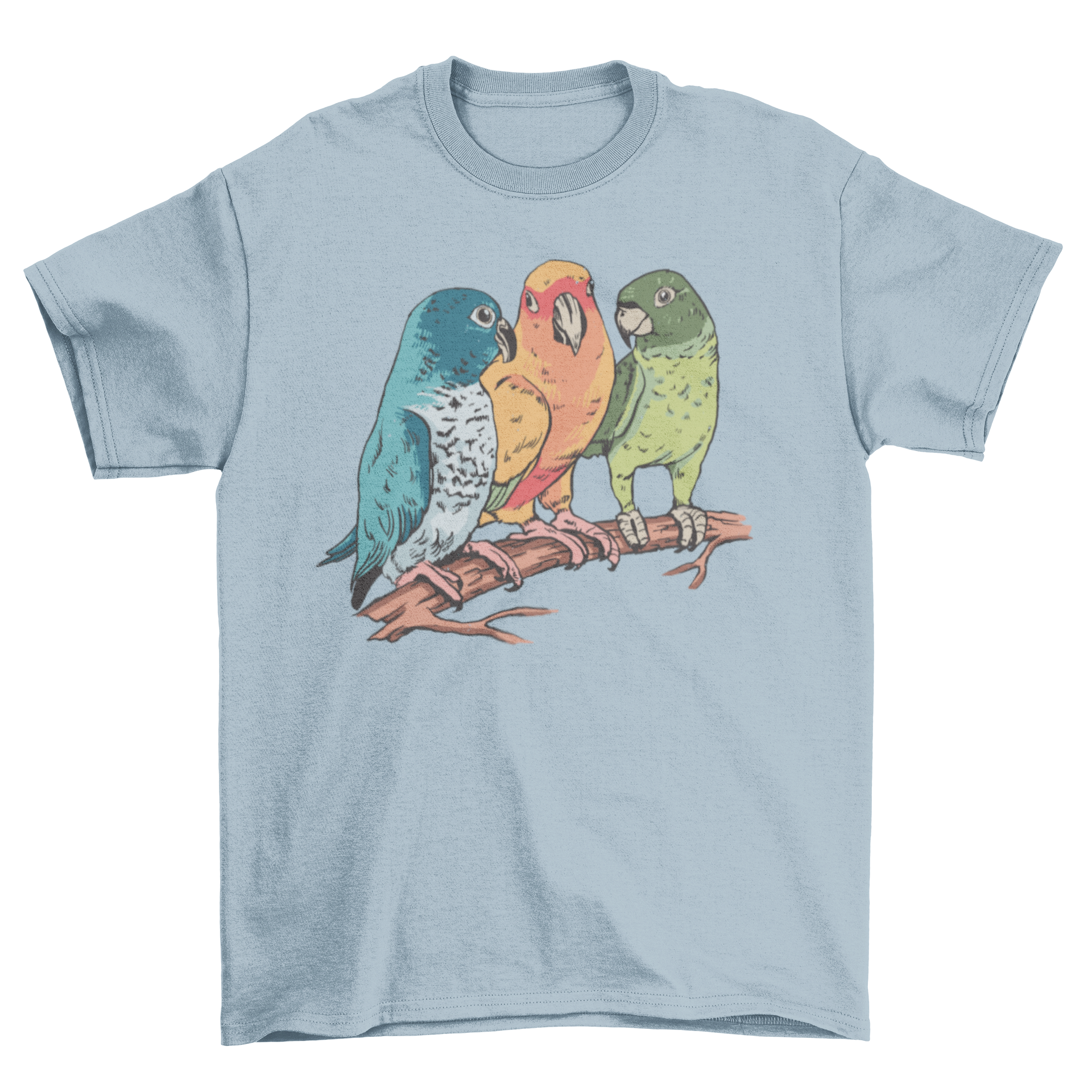 A vibrant illustration of three colorful parrots on a stylish t-shirt, showcasing their beauty and detail.