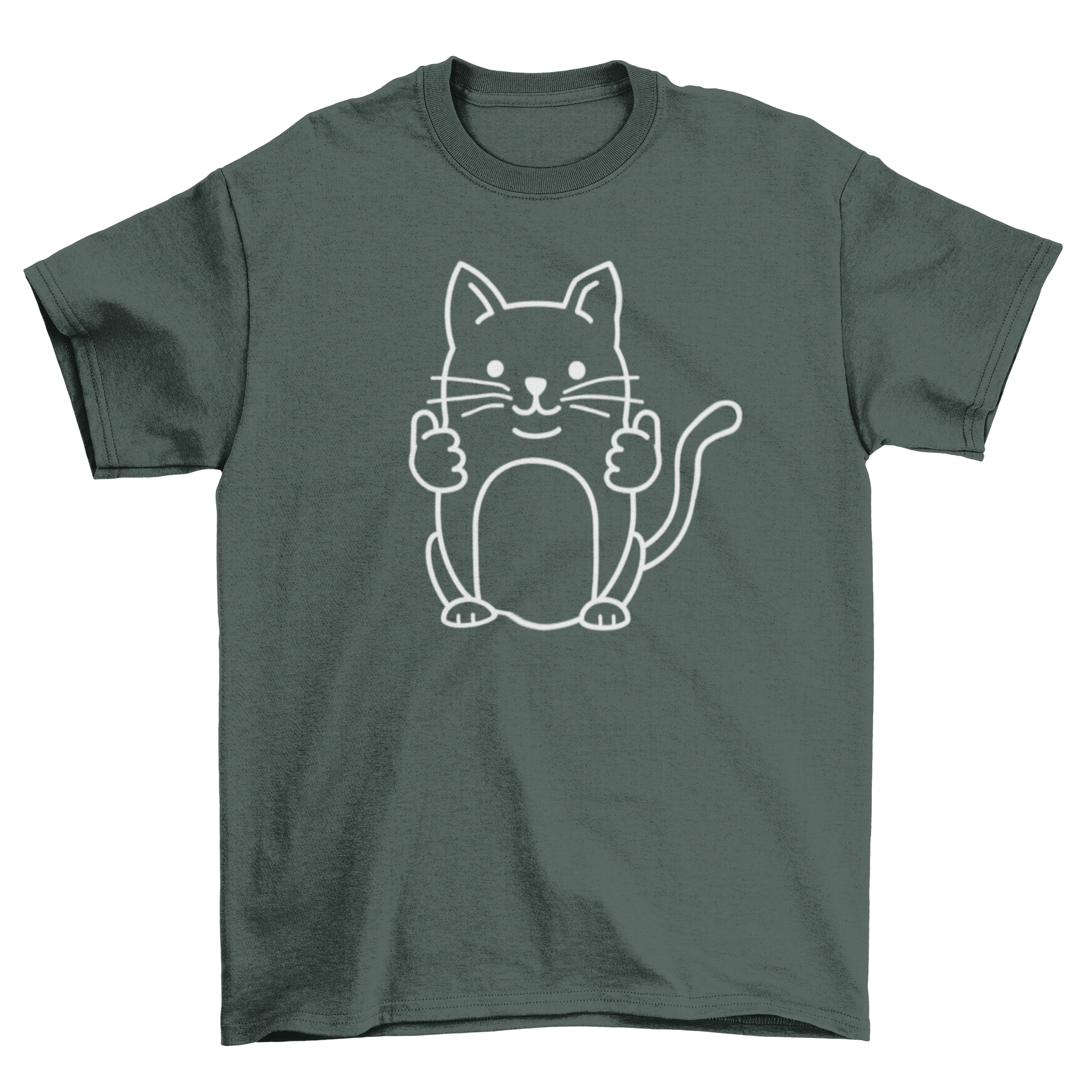 A cute cartoon cat giving two thumbs up on a T-shirt, showcasing a playful design for cat lovers.
