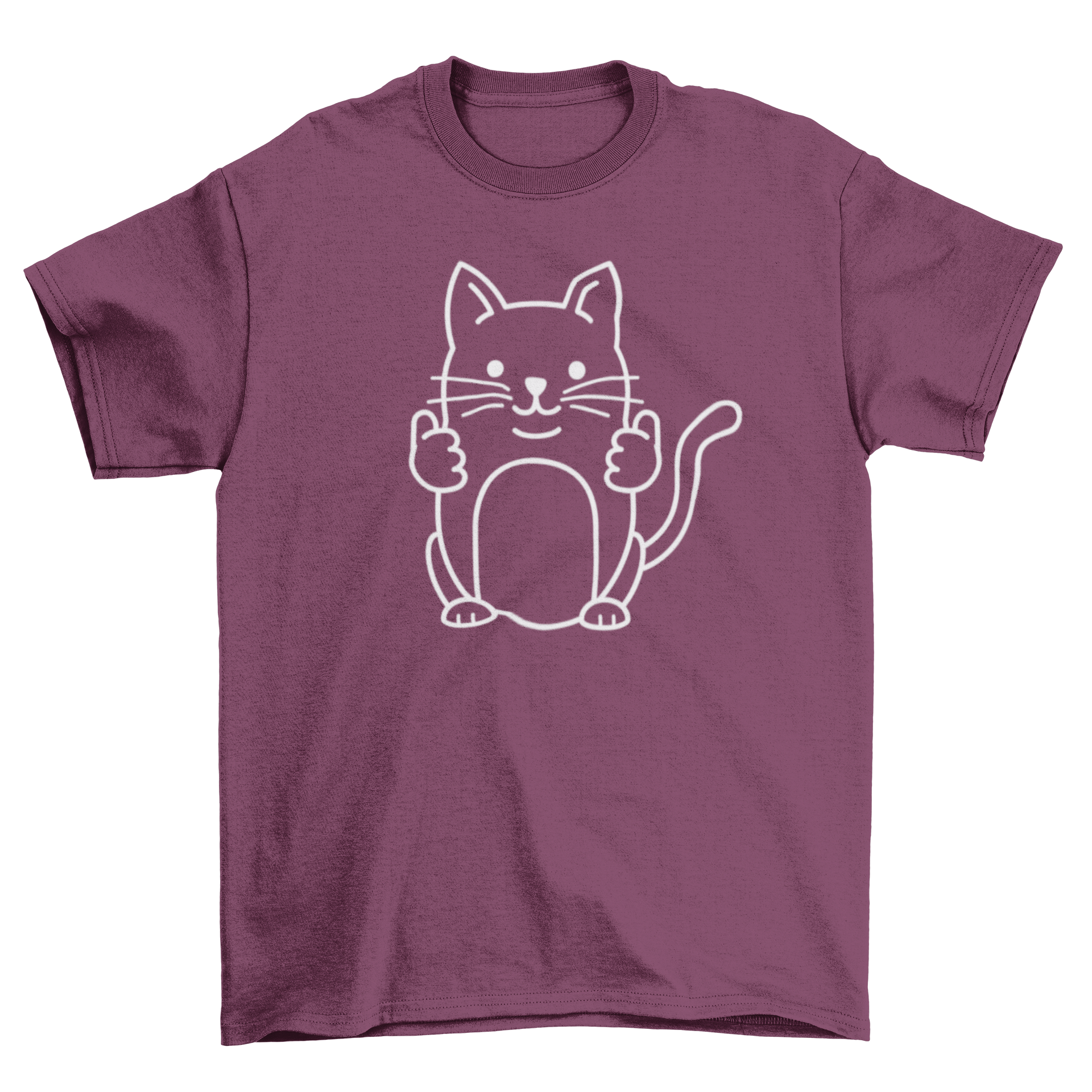 A cute cartoon cat giving two thumbs up on a T-shirt, showcasing a playful design for cat lovers.