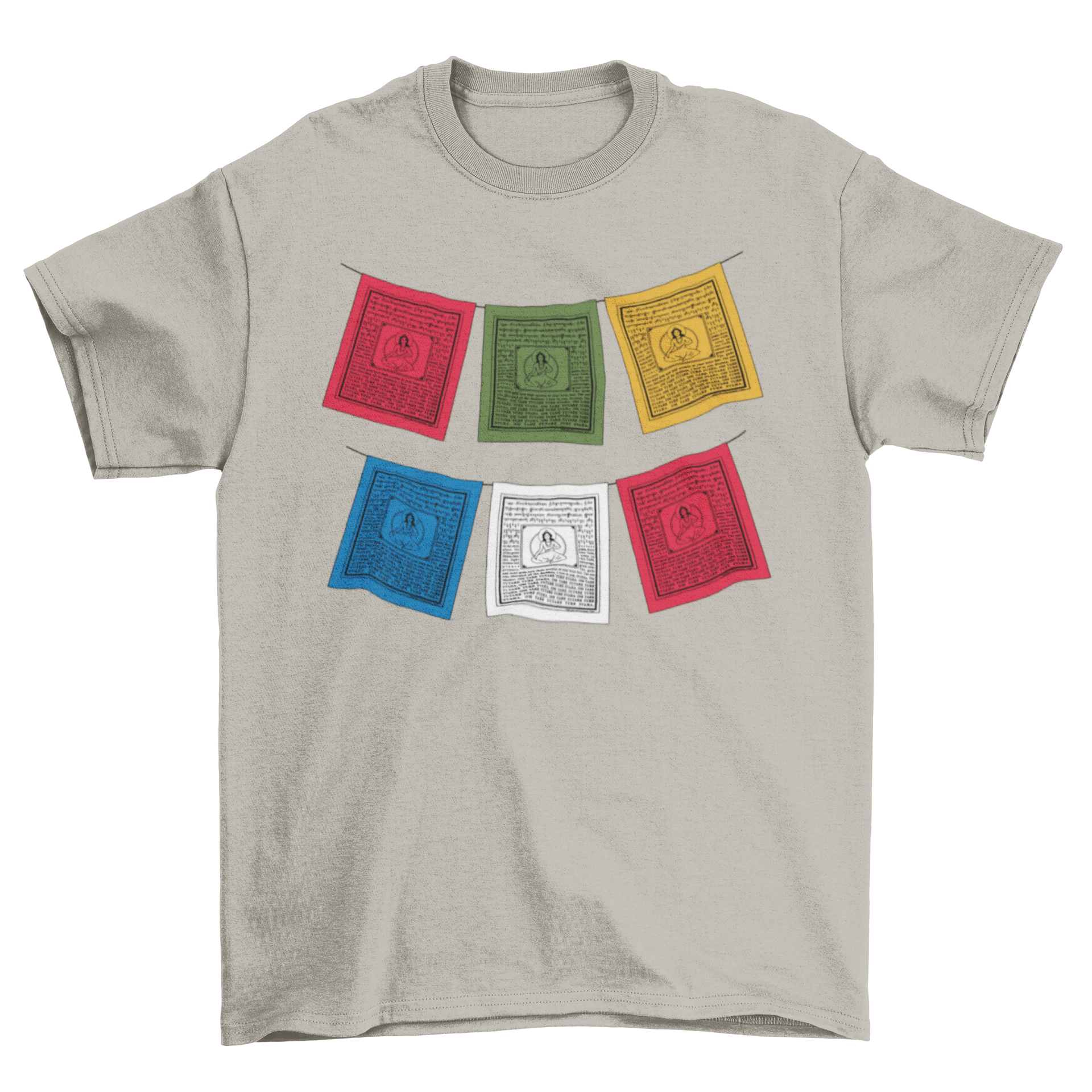 A vibrant t-shirt featuring colorful Tibetan prayer flags, showcasing cultural symbols and designs.