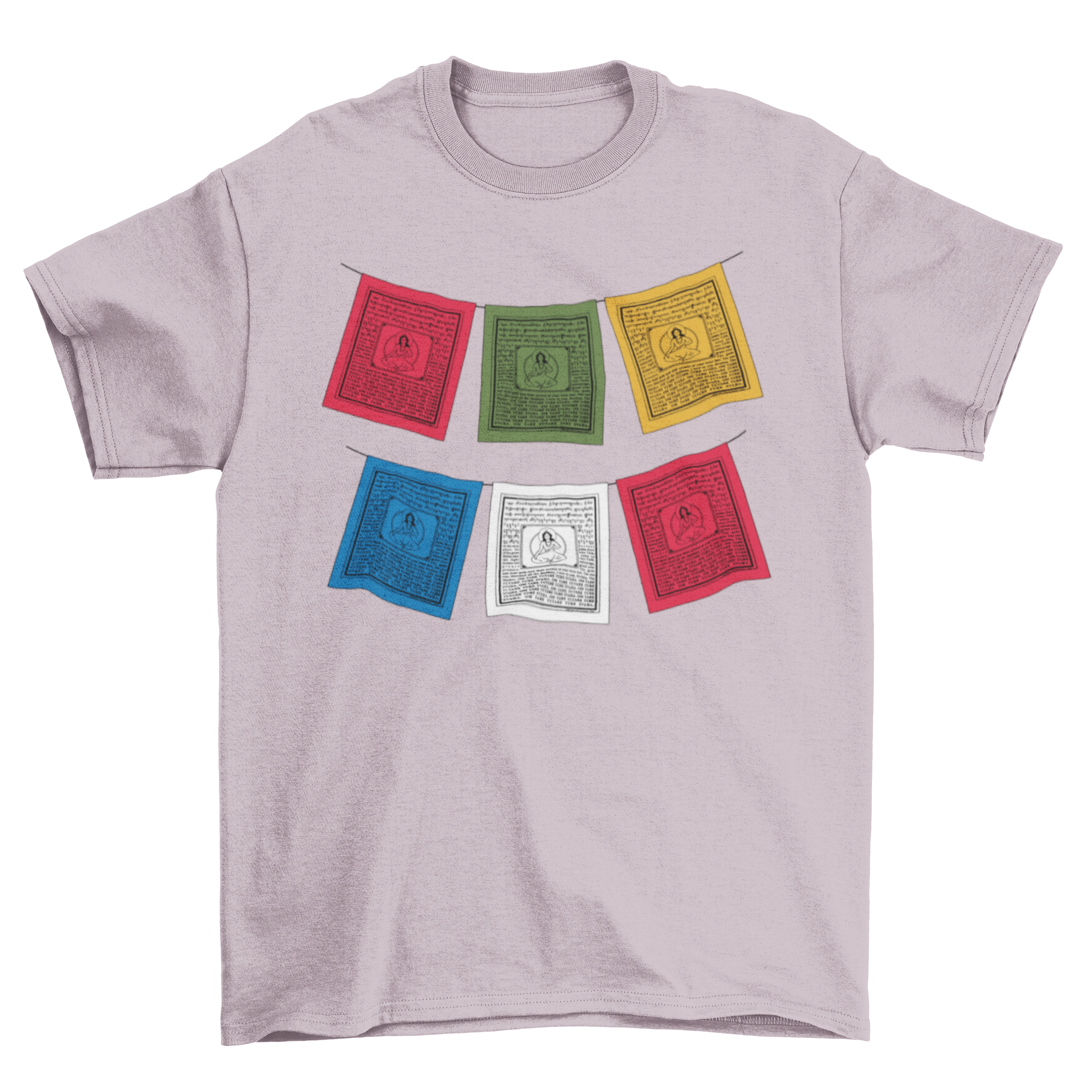 A vibrant t-shirt featuring colorful Tibetan prayer flags, showcasing cultural symbols and designs.