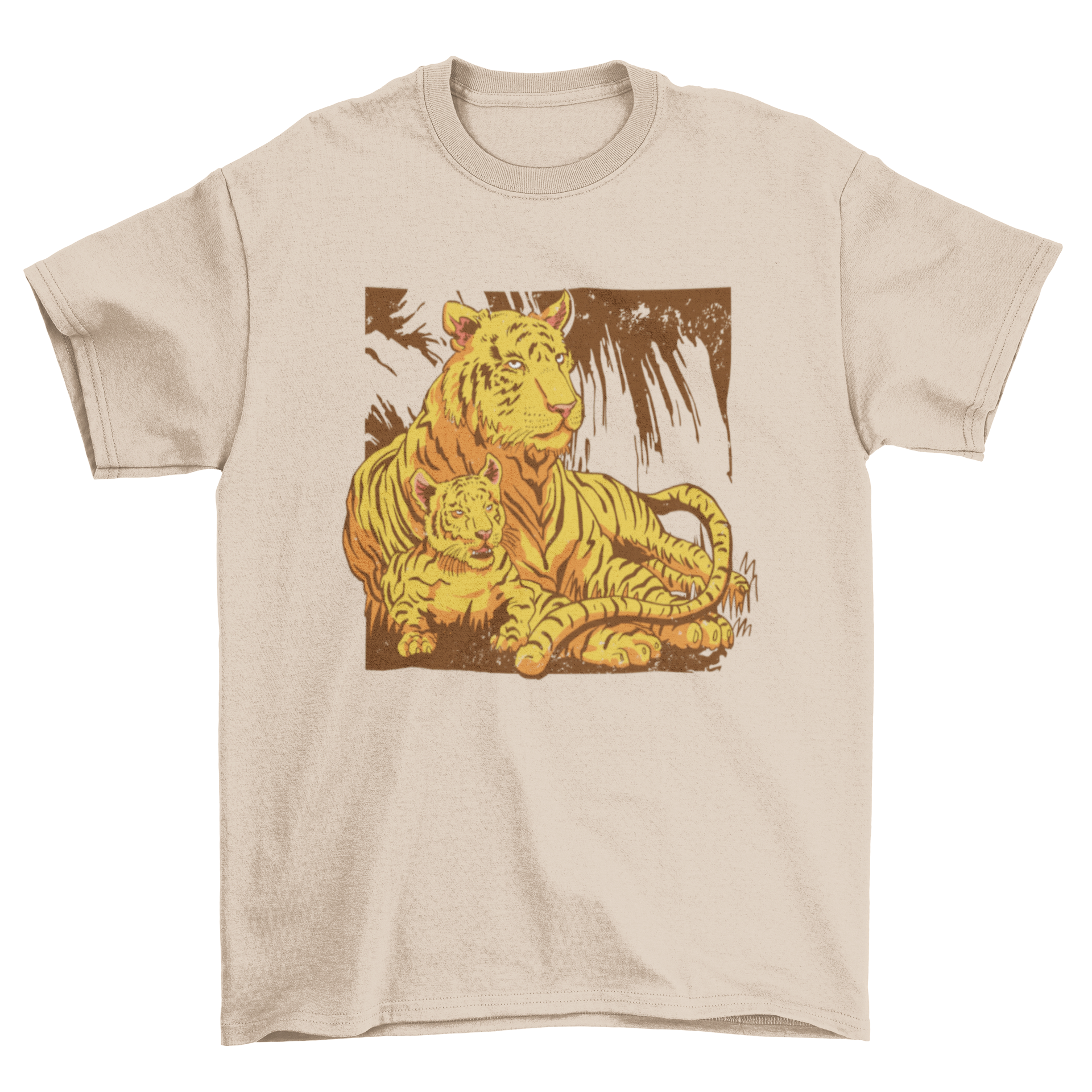 A stylish t-shirt featuring a vibrant design of a tiger and its cub, showcasing wildlife art.