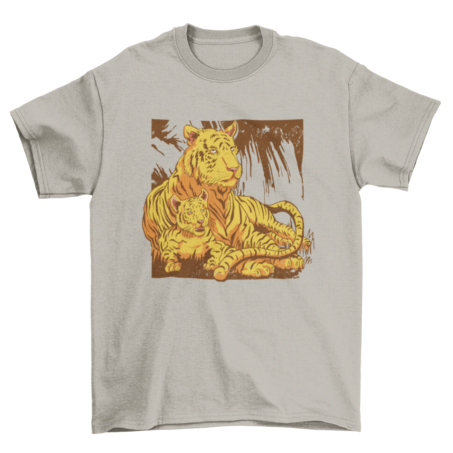 A stylish t-shirt featuring a vibrant design of a tiger and its cub, showcasing wildlife art.