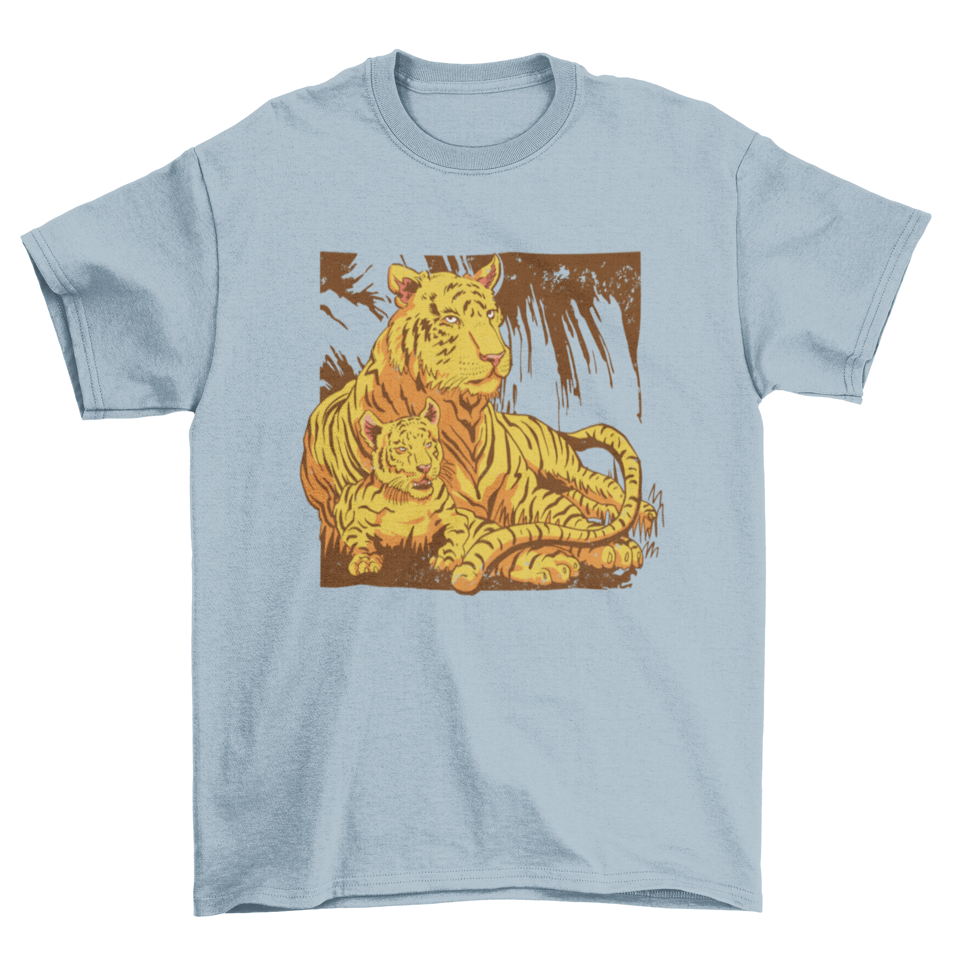 A stylish t-shirt featuring a vibrant design of a tiger and its cub, showcasing wildlife art.