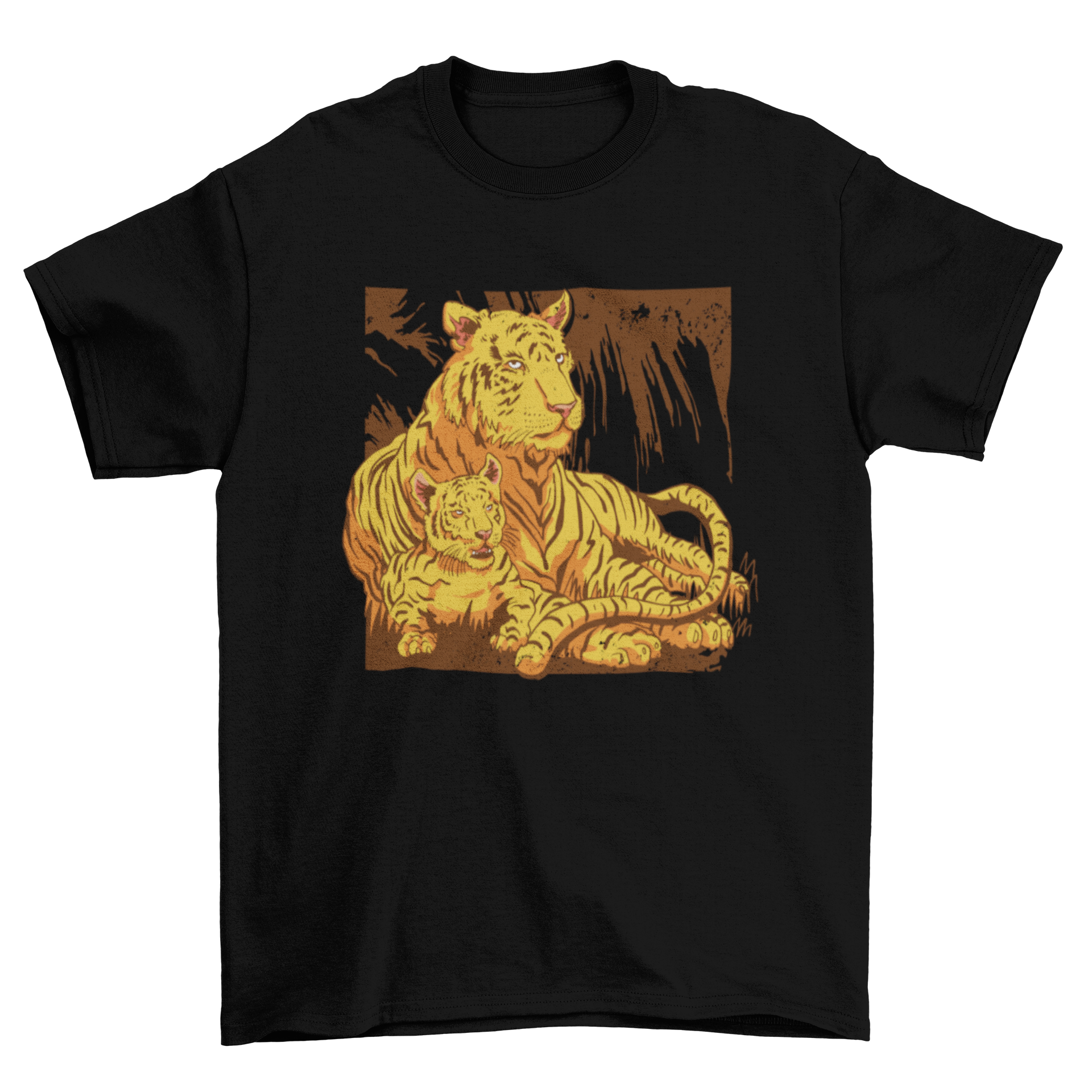 A stylish t-shirt featuring a vibrant design of a tiger and its cub, showcasing wildlife art.