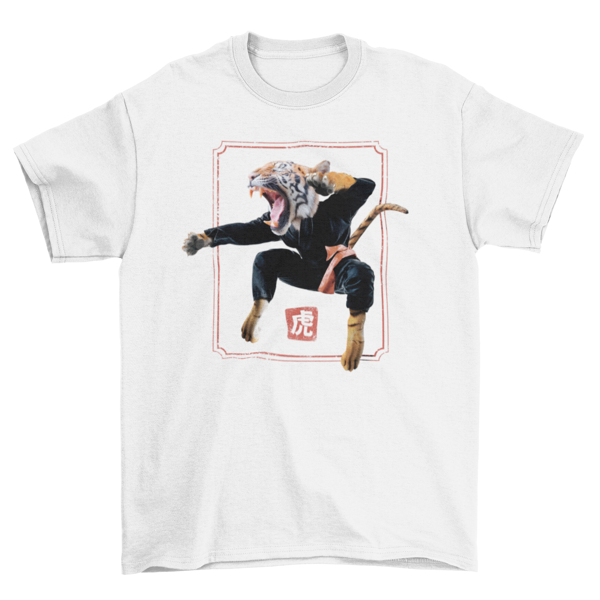 A stylish t-shirt featuring a tiger performing martial arts in a dynamic pose, showcasing vibrant colors and intricate design.
