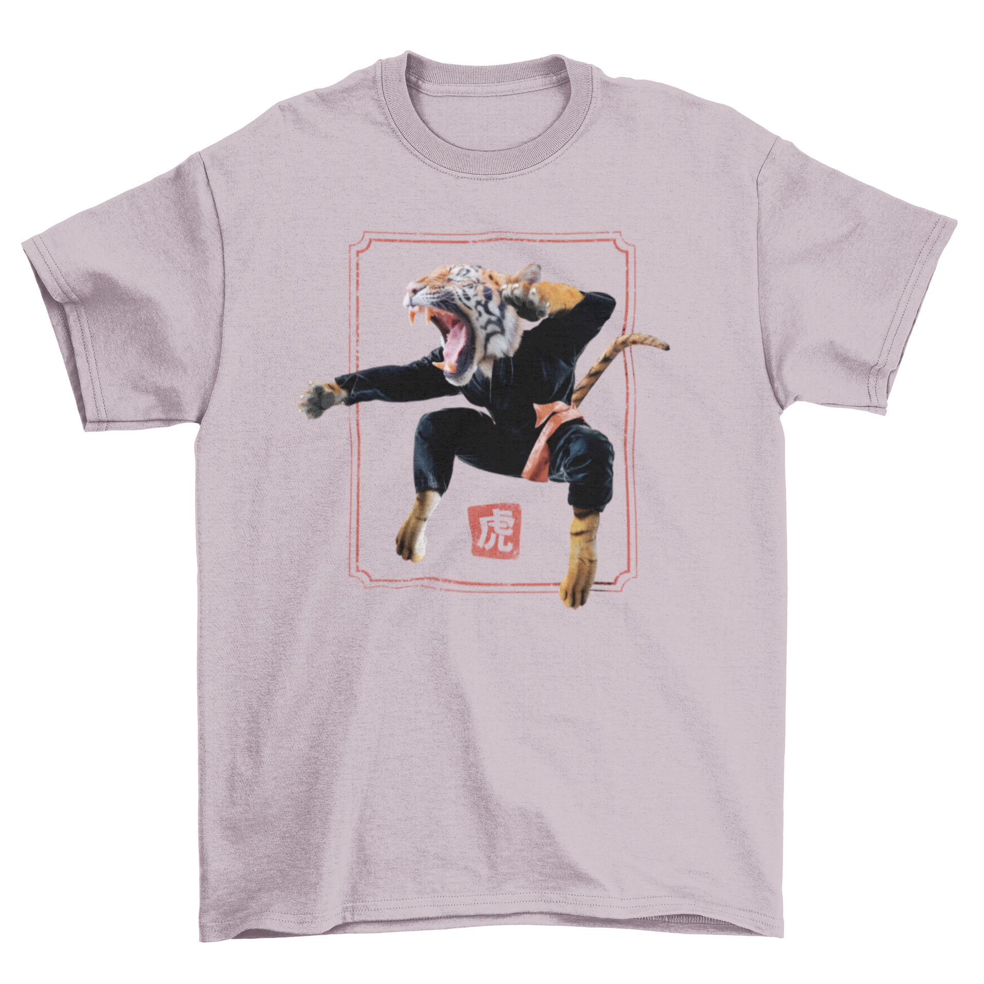 A stylish t-shirt featuring a tiger performing martial arts in a dynamic pose, showcasing vibrant colors and intricate design.