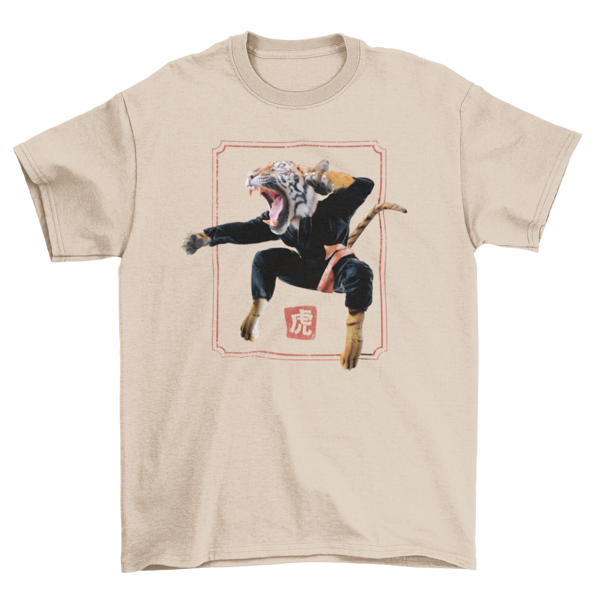 A stylish t-shirt featuring a tiger performing martial arts in a dynamic pose, showcasing vibrant colors and intricate design.