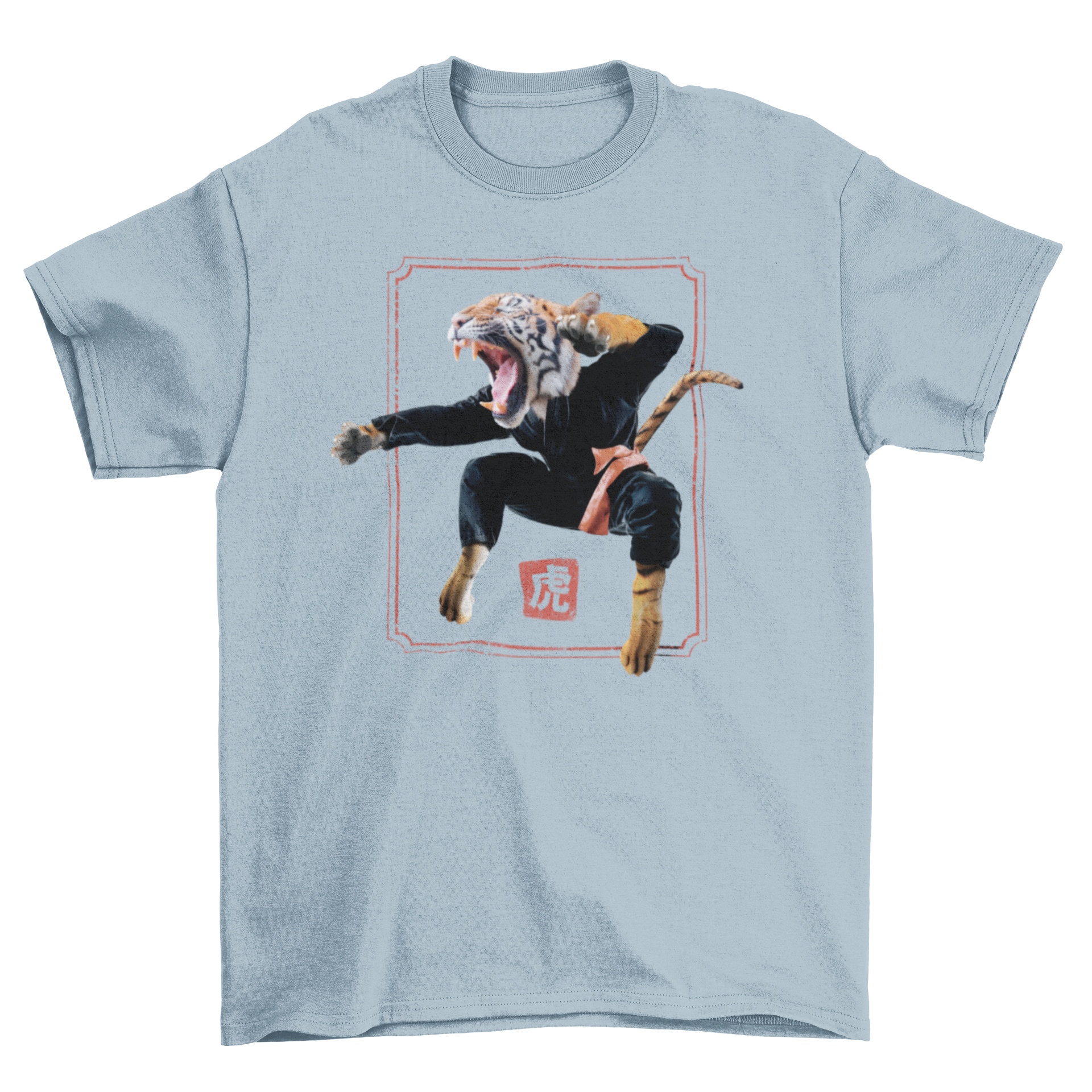 A stylish t-shirt featuring a tiger performing martial arts in a dynamic pose, showcasing vibrant colors and intricate design.