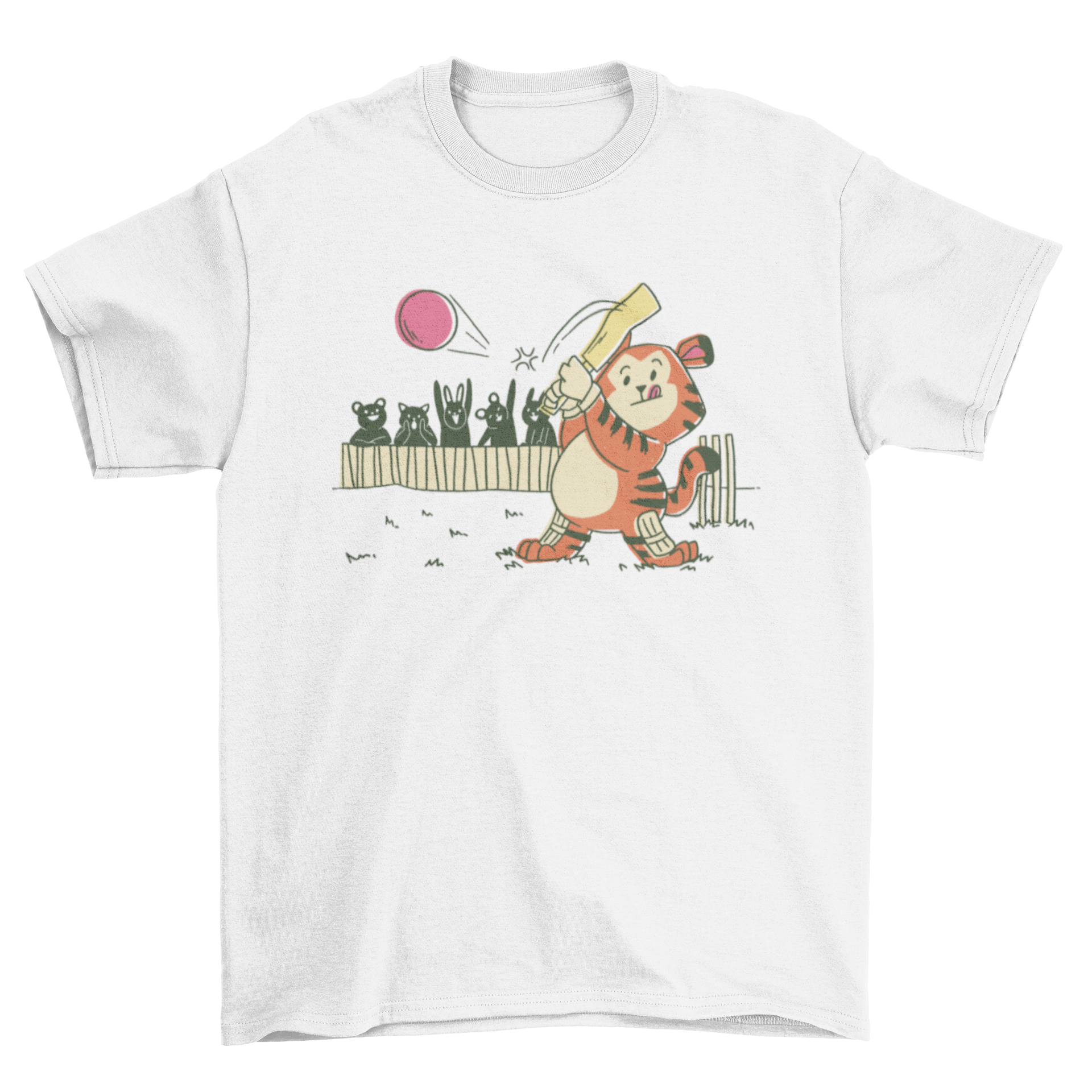 A playful tiger playing cricket on a stylish t-shirt, showcasing vibrant colors and a fun design.