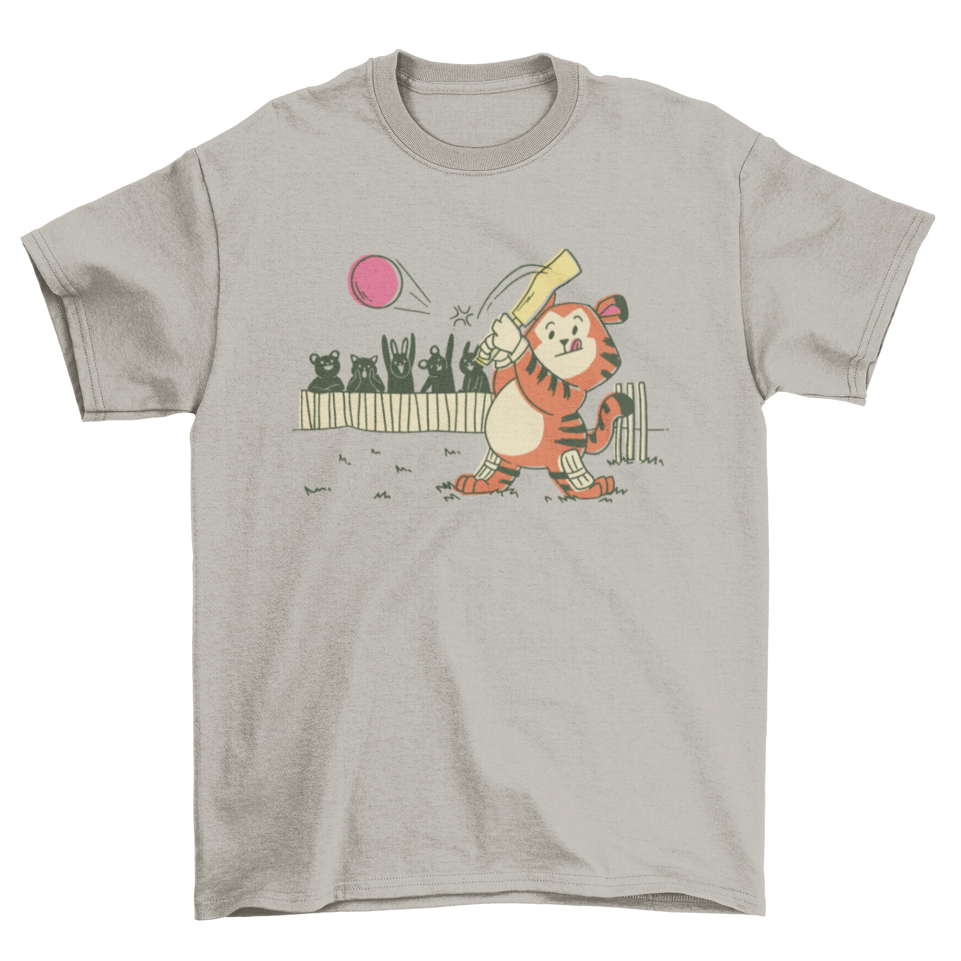A playful tiger playing cricket on a stylish t-shirt, showcasing vibrant colors and a fun design.