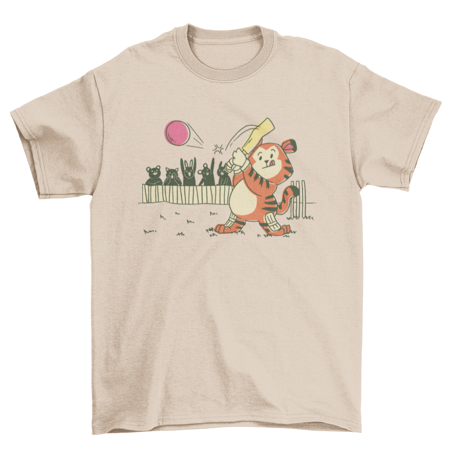 A playful tiger playing cricket on a stylish t-shirt, showcasing vibrant colors and a fun design.