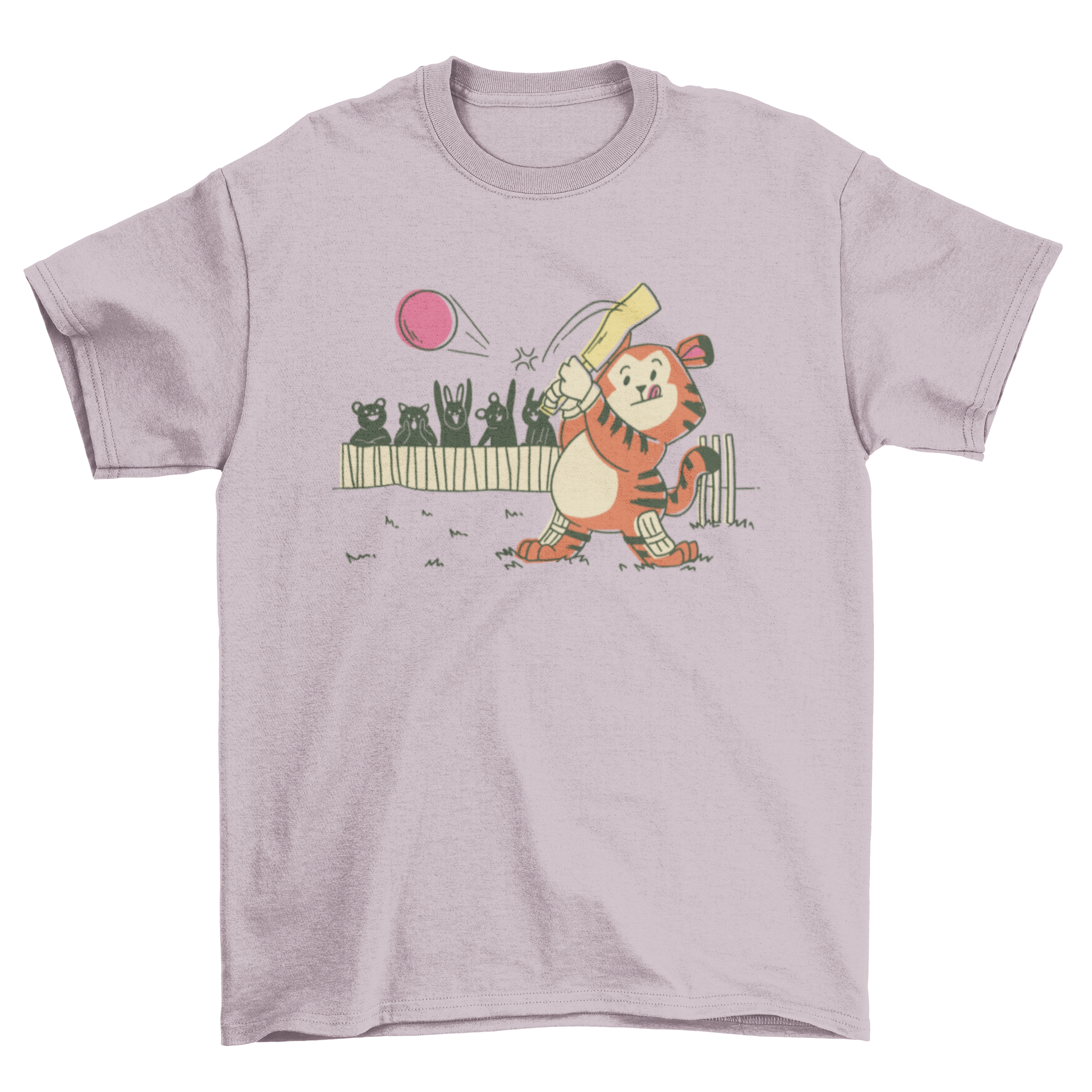 A playful tiger playing cricket on a stylish t-shirt, showcasing vibrant colors and a fun design.
