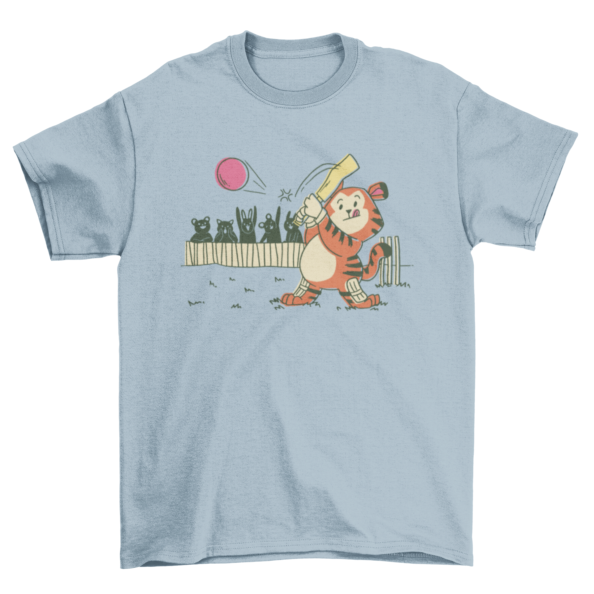 A playful tiger playing cricket on a stylish t-shirt, showcasing vibrant colors and a fun design.