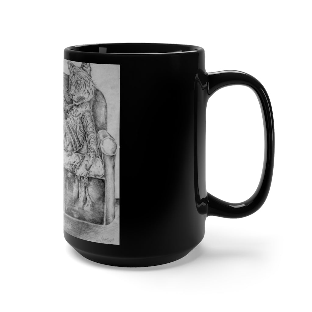 A stylish black ceramic mug featuring a playful tiger lounging on a couch, perfect for coffee and tea lovers.