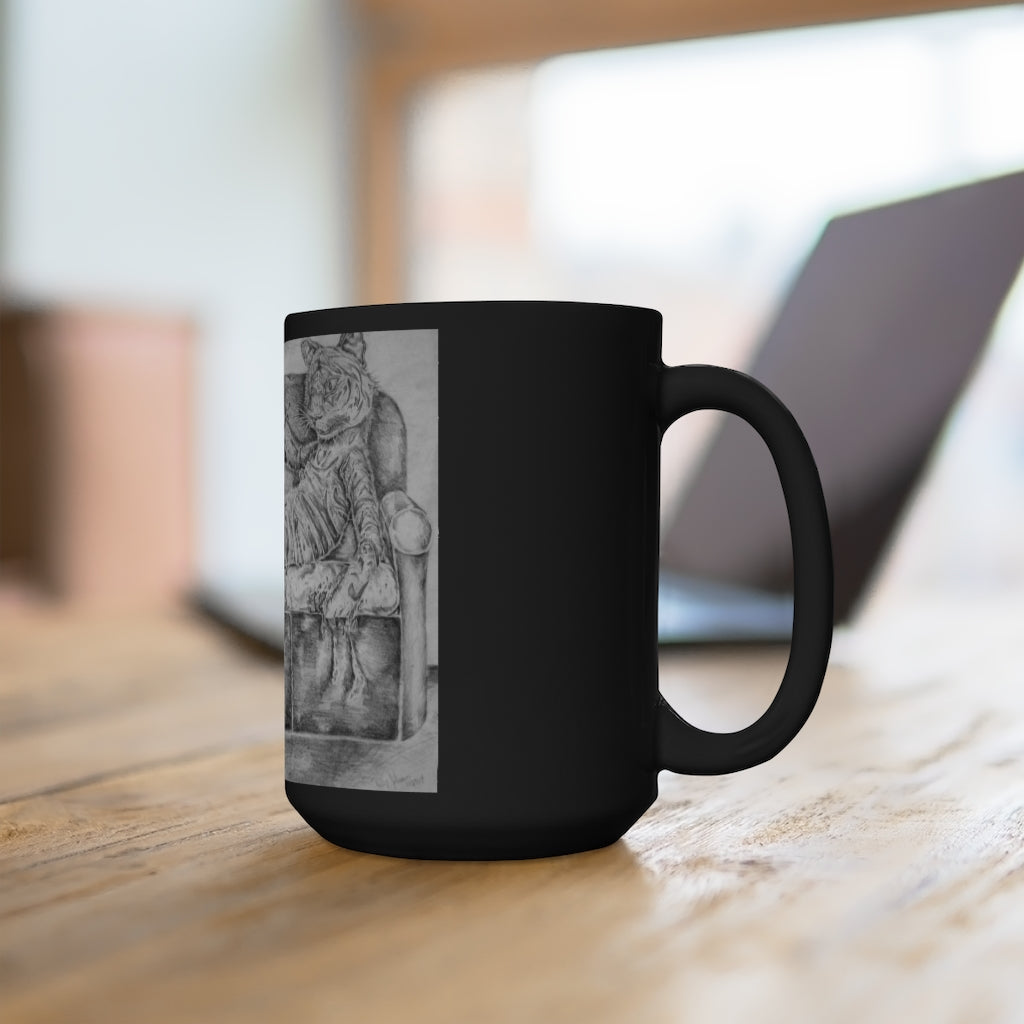 A stylish black ceramic mug featuring a playful tiger lounging on a couch, perfect for coffee and tea lovers.