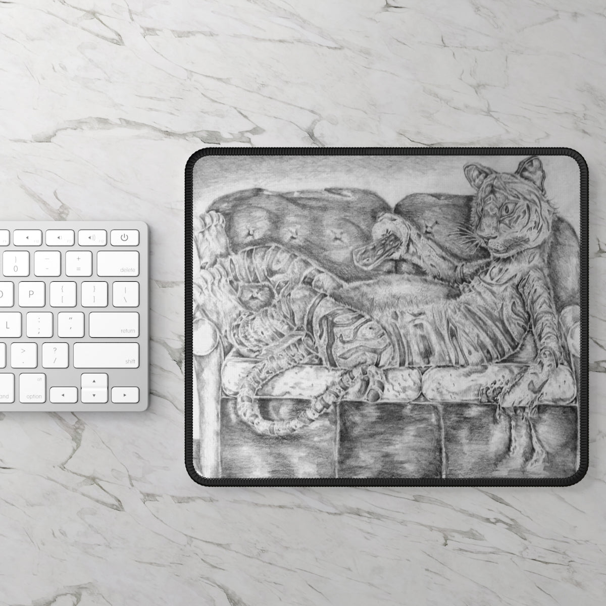 A vibrant gaming mouse pad featuring a tiger lounging on a couch, designed for smooth mouse movements and durability.